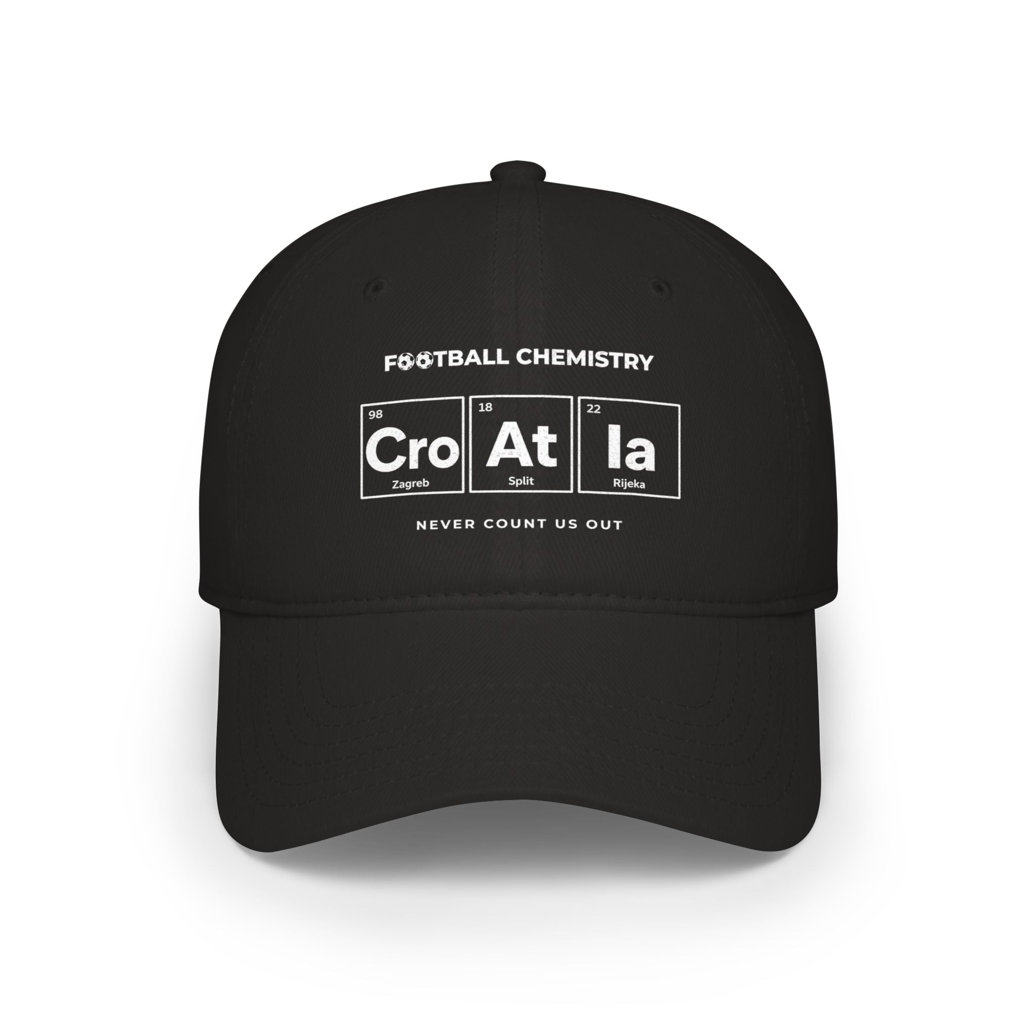 Black baseball cap with "FOOTBALL CHEMISTRY" and periodic table elements for cities.