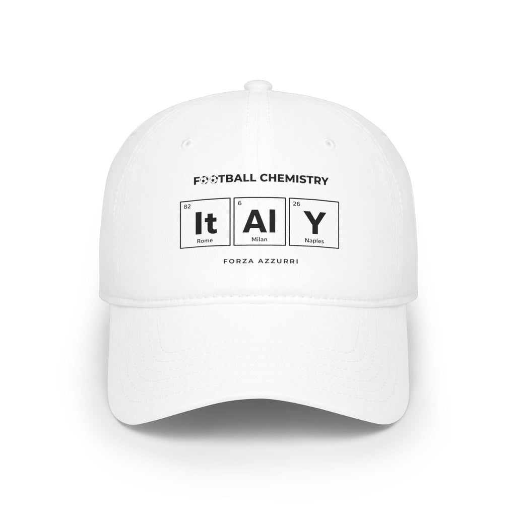 White baseball cap with "FOOTBALL CHEMISTRY" and "ITALY" in periodic table style.
