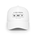 White baseball cap with "FOOTBALL CHEMISTRY" and "ITALY" in periodic table style.