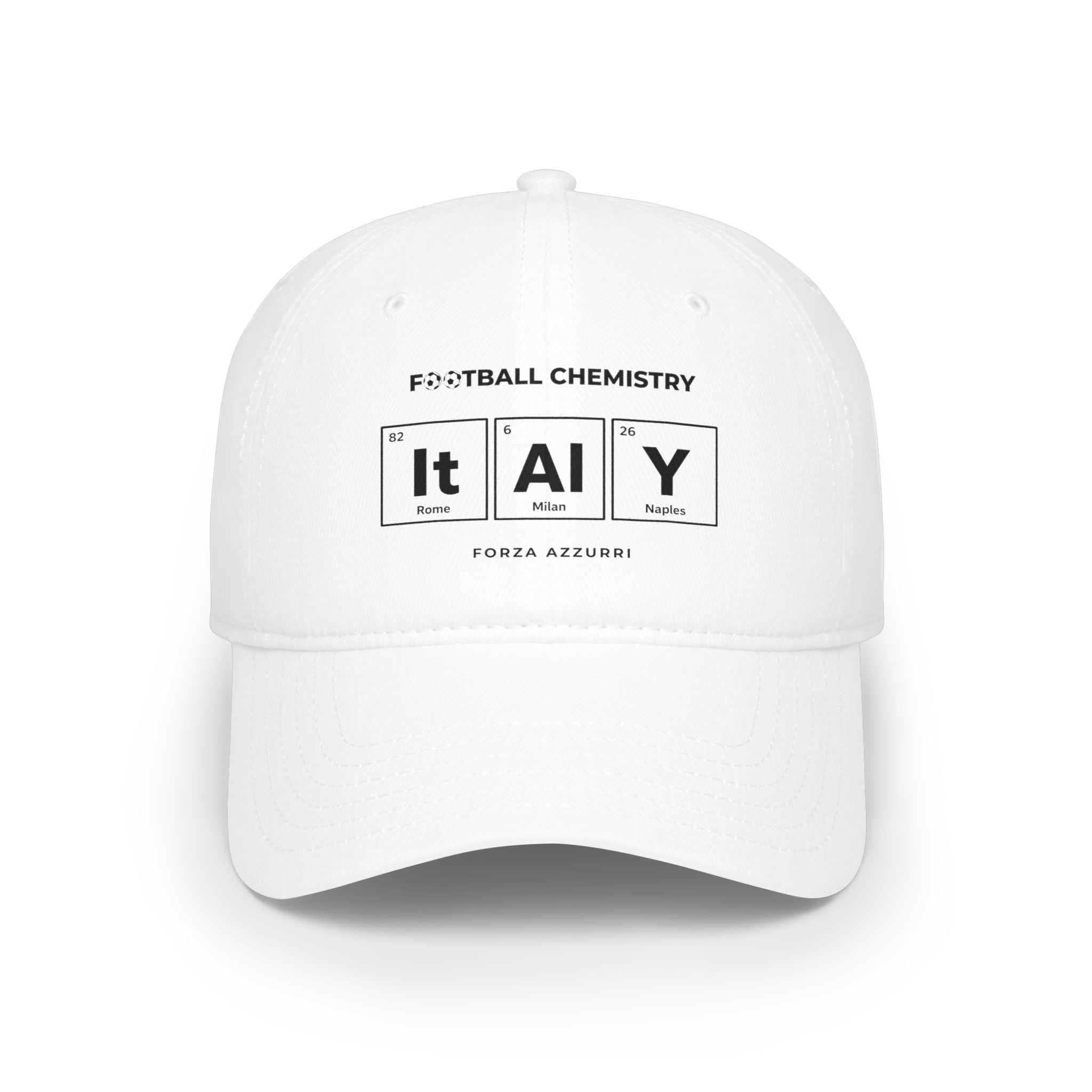 White baseball cap with "FOOTBALL CHEMISTRY" and "ITALY" in periodic table style.