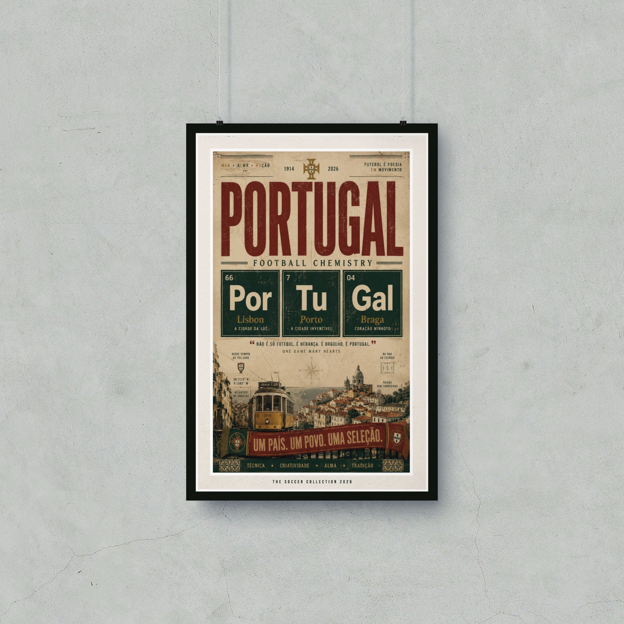 Portugal football chemistry poster with Lisbon, Porto, and Braga key cities.