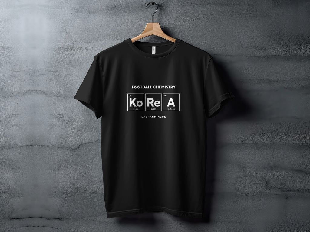 Black t-shirt with "FOOTBALL CHEMISTRY" and "Ko Re A" graphic.