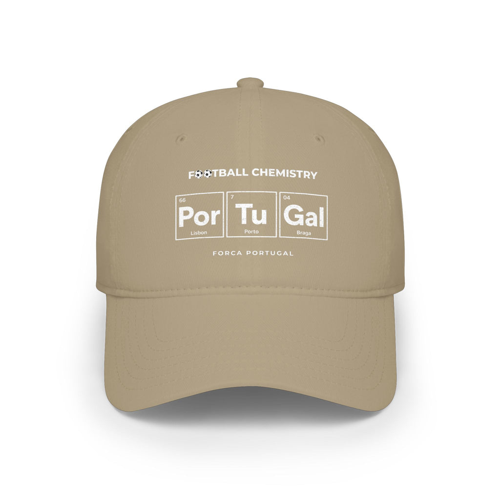 Khaki baseball cap with "Football Chemistry" and "Por Tu Gal" periodic table design.