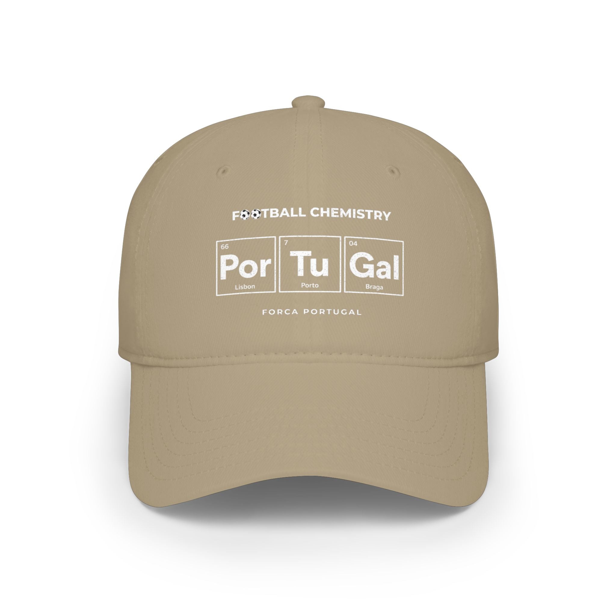 Khaki baseball cap with "Football Chemistry" and "Por Tu Gal" periodic table design.