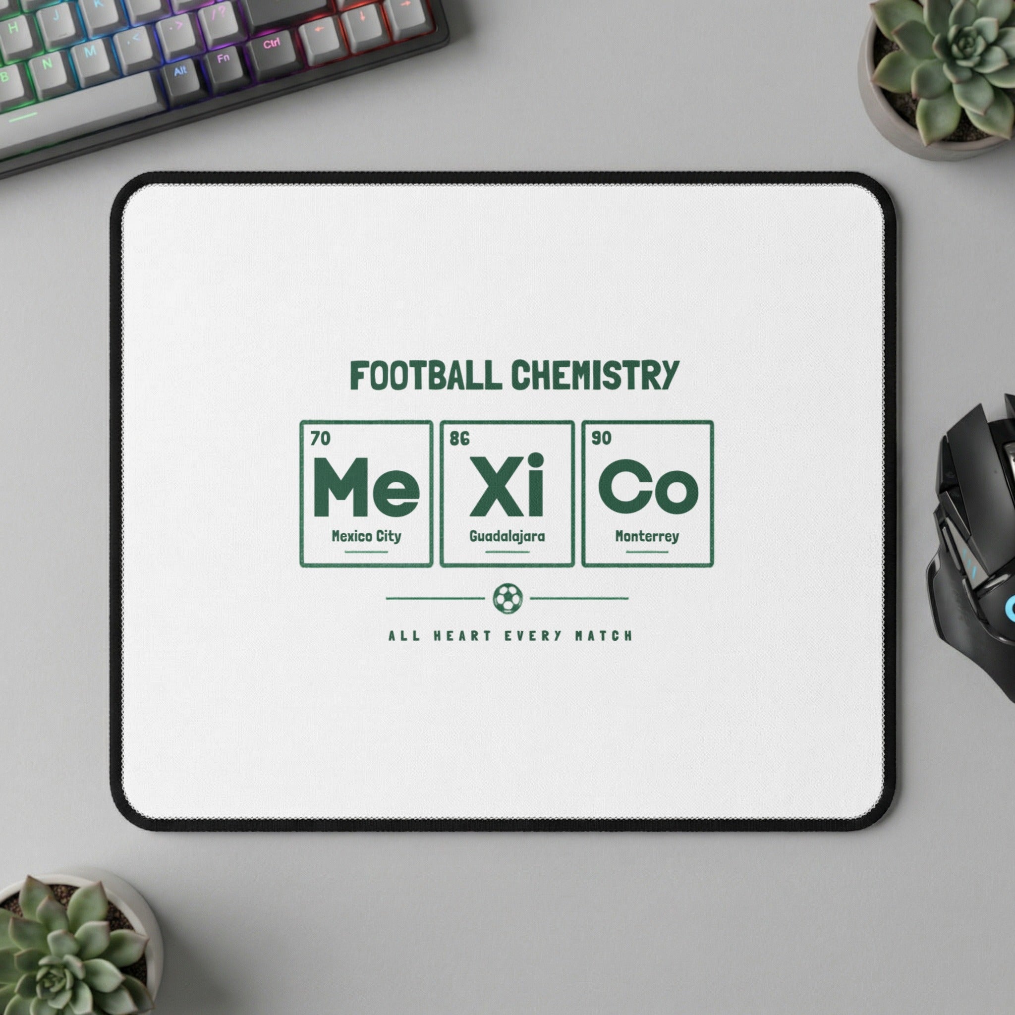 Football Chemistry mousepad with elements Me, Xi, Co and city names.