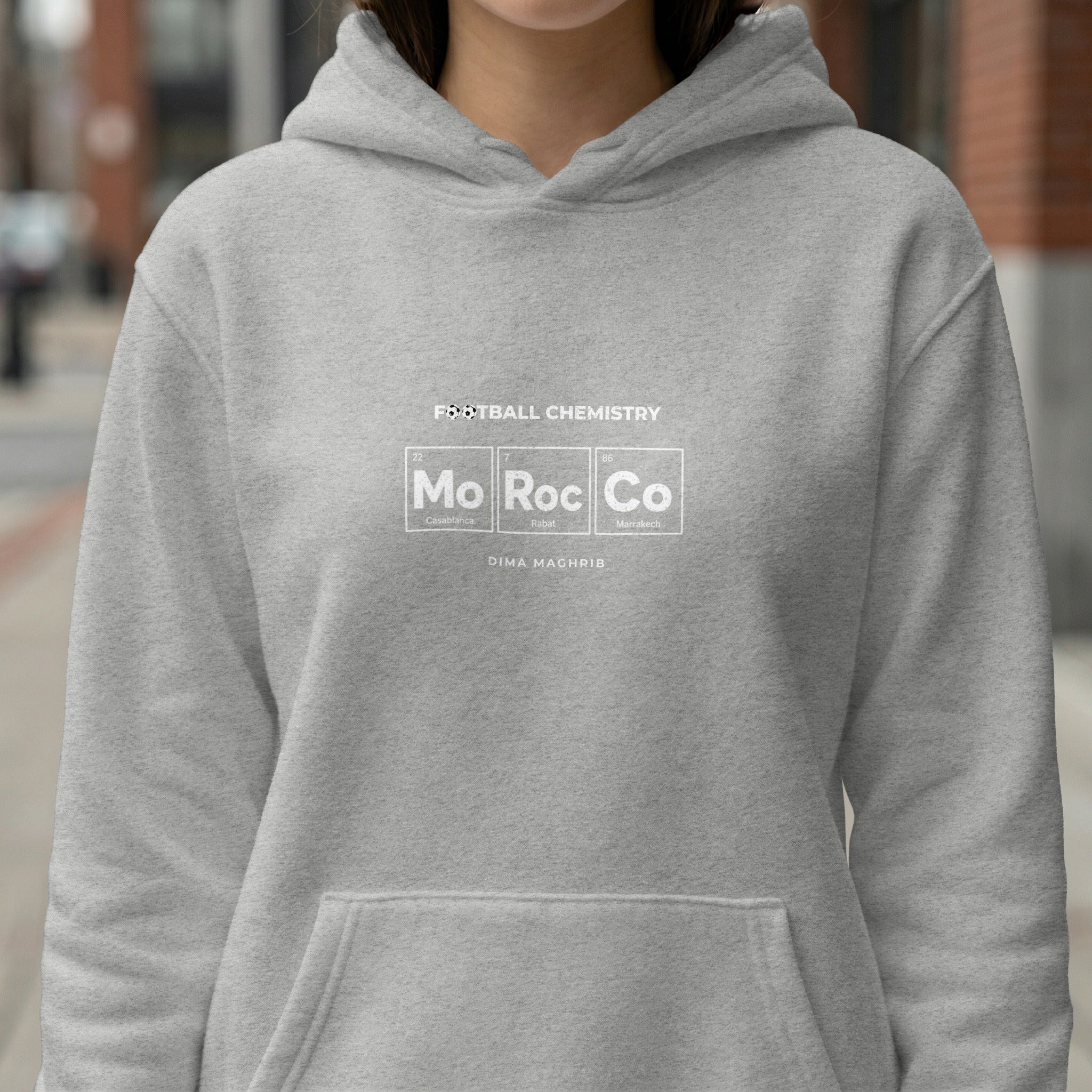 Grey hoodie with "FOOTBALL CHEMISTRY Mo Ro Co" and "DIMA MAGHRIB" text.