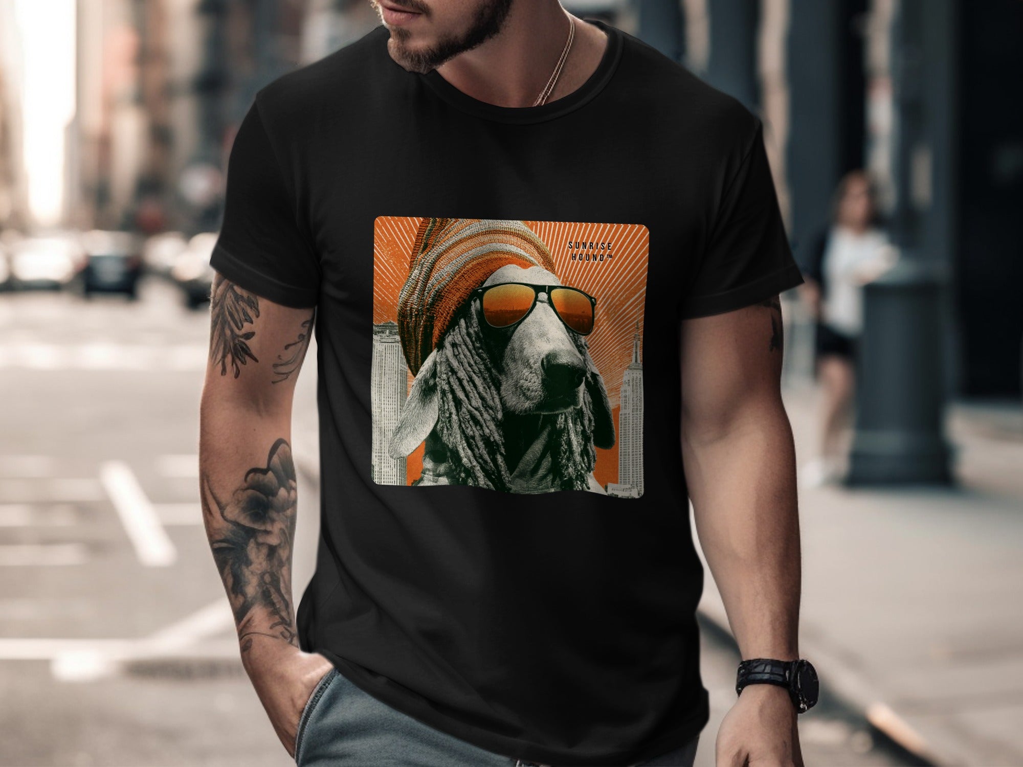 Dog in sunglasses and beanie, "Sunrise Lemonade" text on t-shirt.