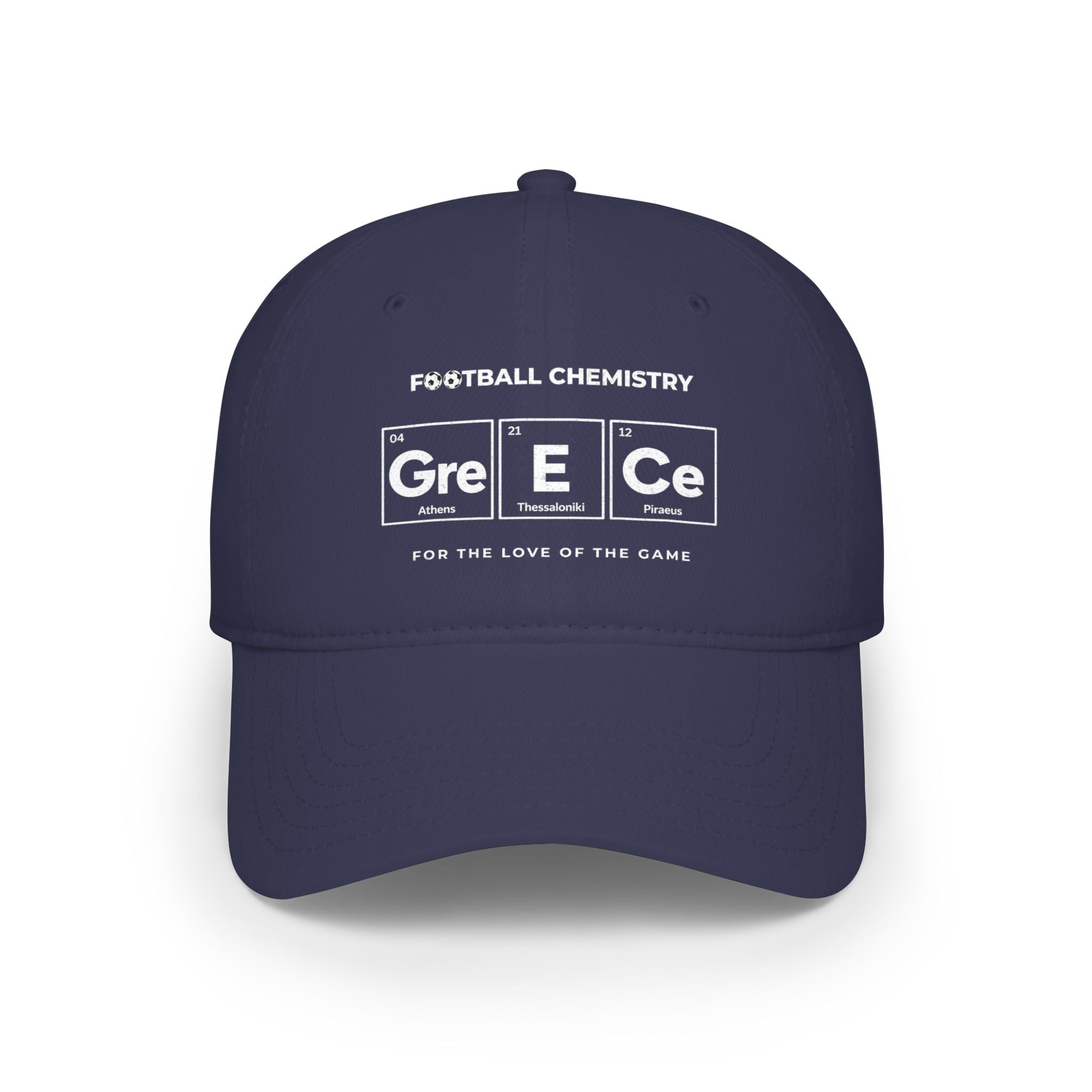 Navy blue baseball cap with "Football Chemistry" and "Greece" in periodic table style.