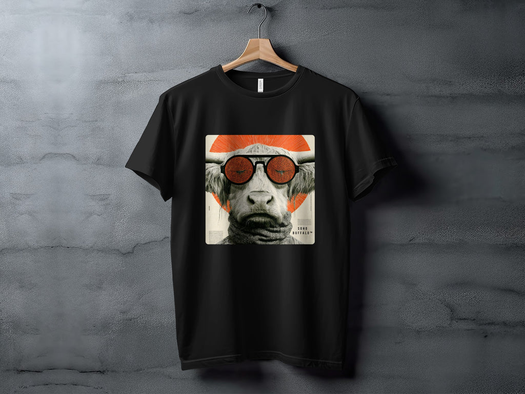 Black t-shirt with graphic of a bull wearing sunglasses inside a red circle.