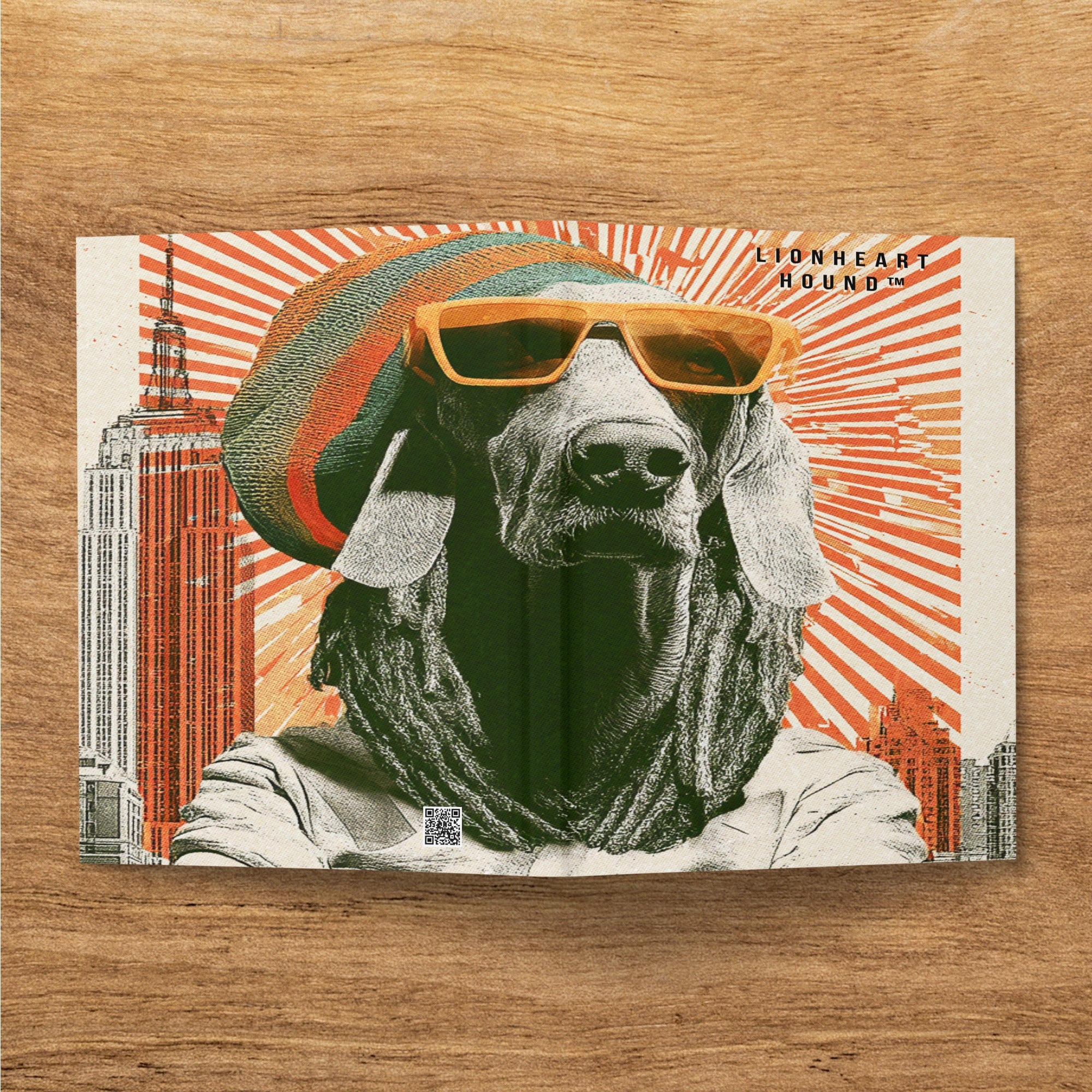 Dog wearing sunglasses and a colorful beanie with city skyline background.