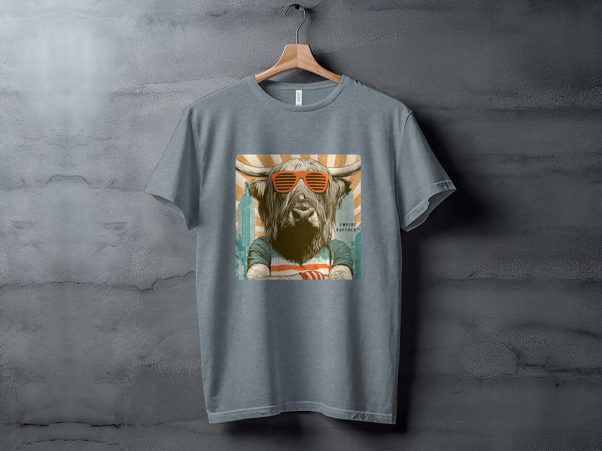 T-shirt graphic with a bull wearing sunglasses and a striped shirt.