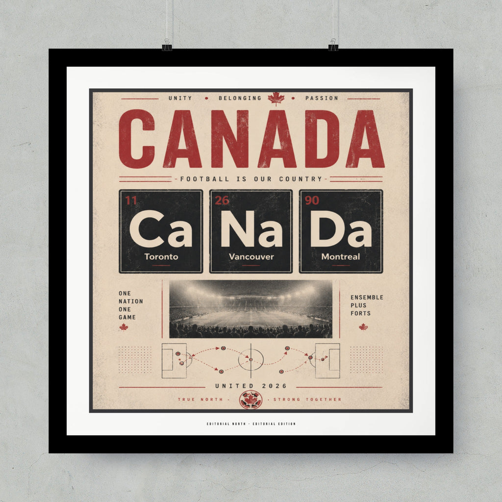 Canada football poster with city names and element symbols for Ca, Na, Da.