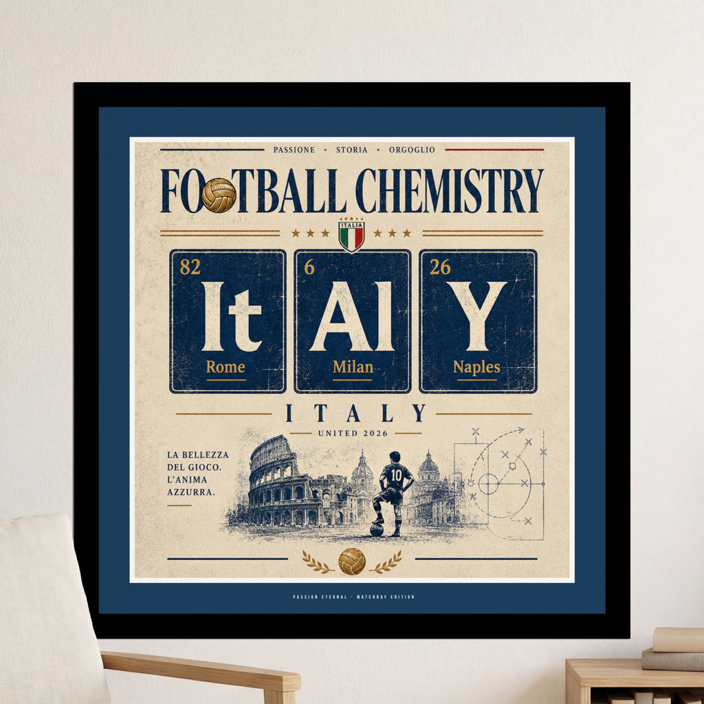 Football Chemistry periodic table with Italy, Rome, Milan, Naples, and stadium image.