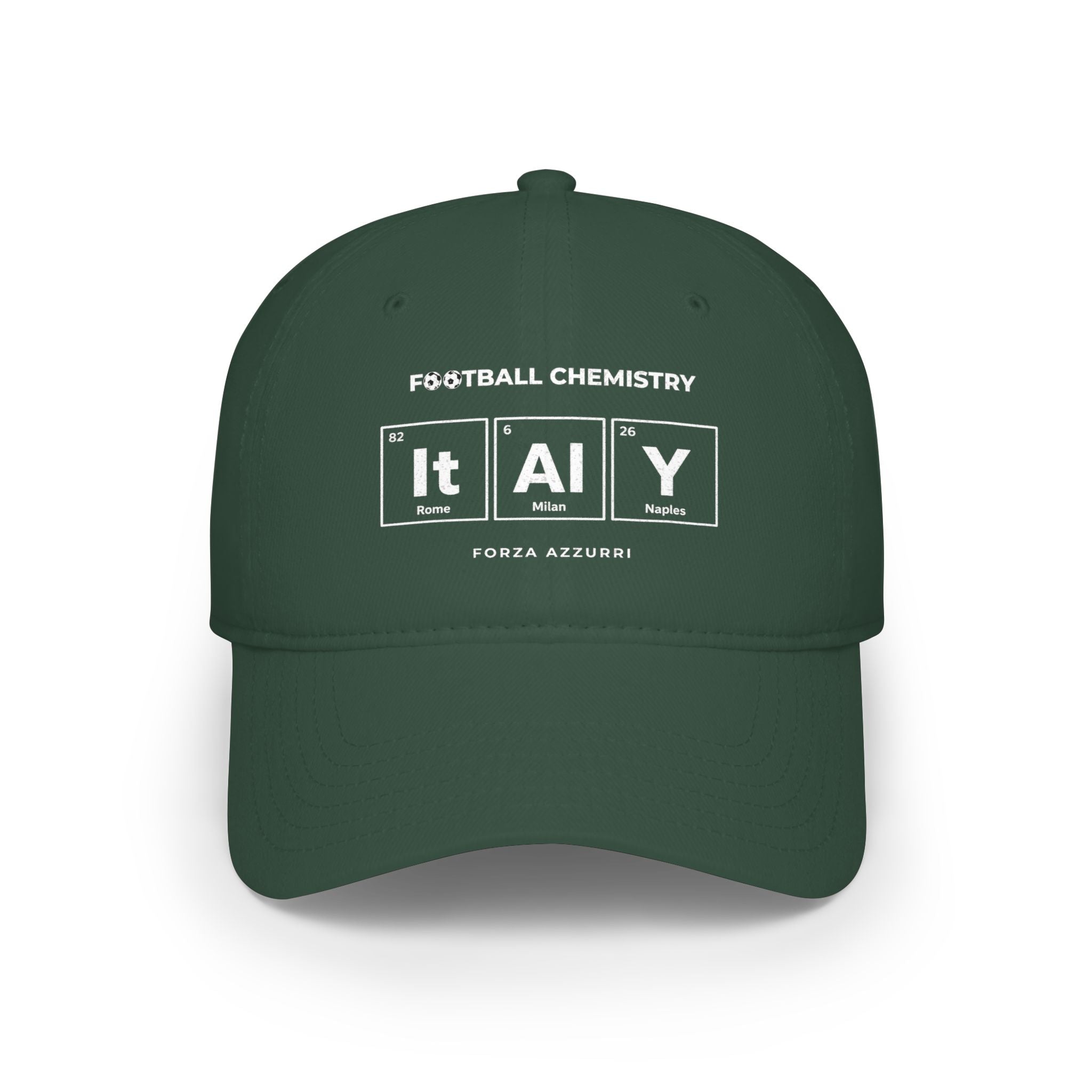 Green baseball cap with "Football Chemistry" and "ITALY" in periodic table style.