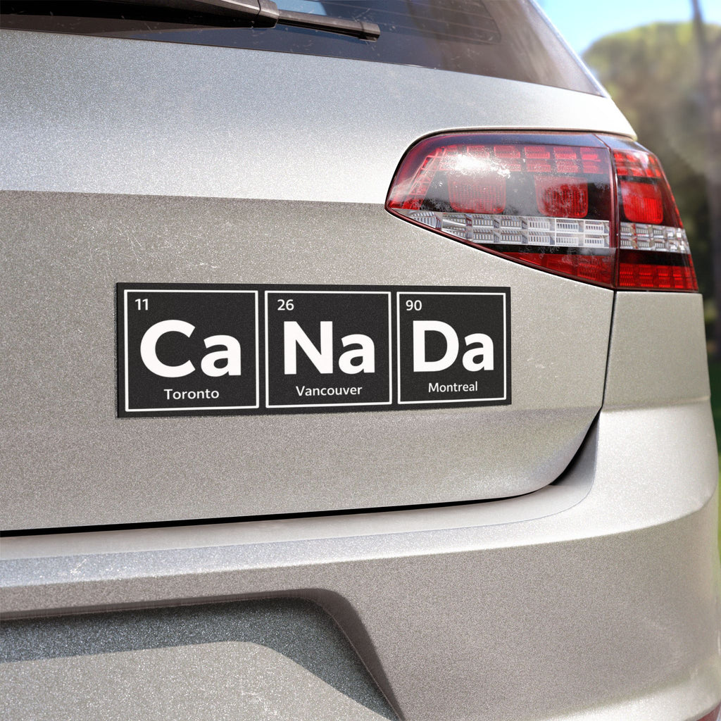 Car decal with "Ca Na Da" spelled using periodic table elements, naming cities.