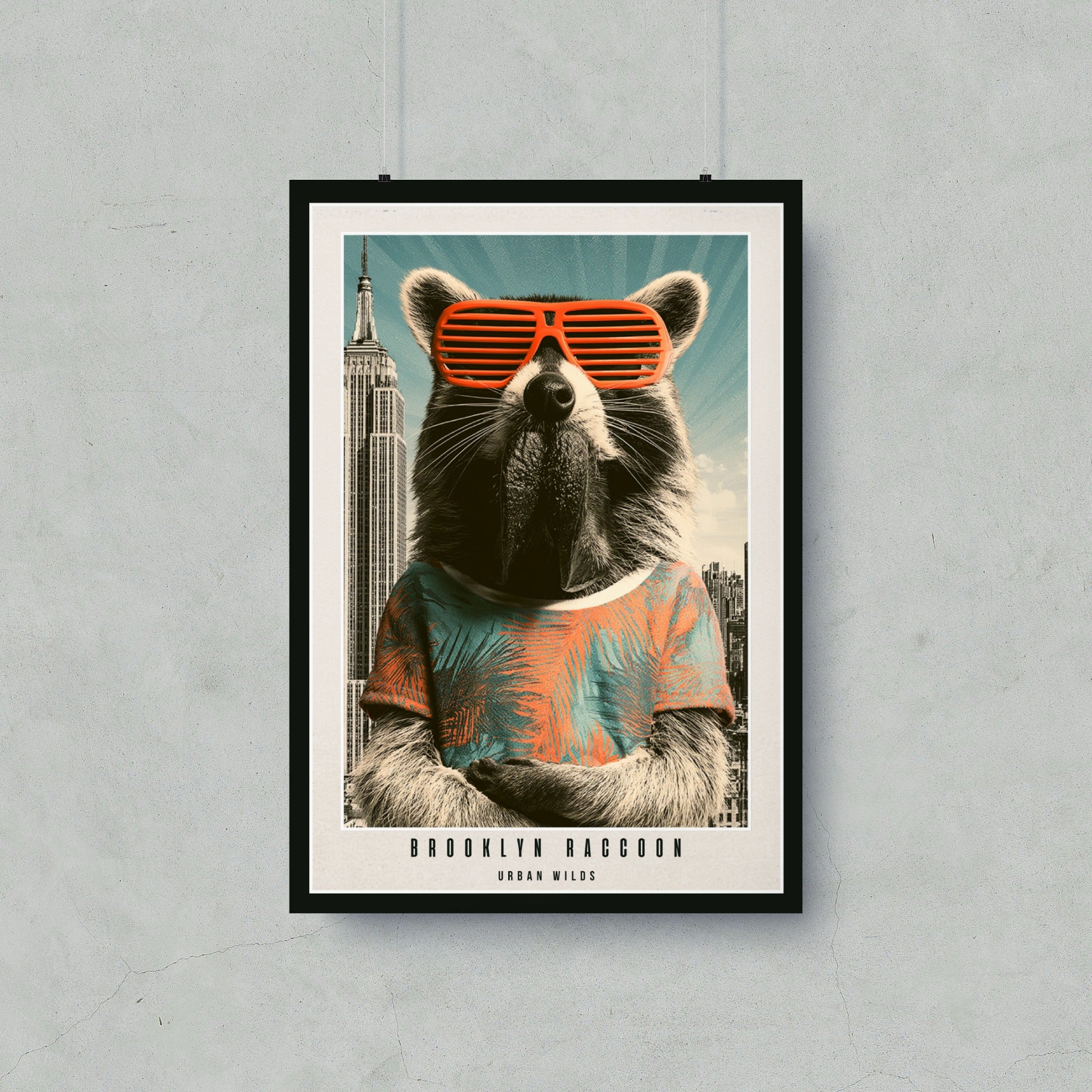 Raccoon wearing orange sunglasses and a colorful t-shirt against a cityscape background.