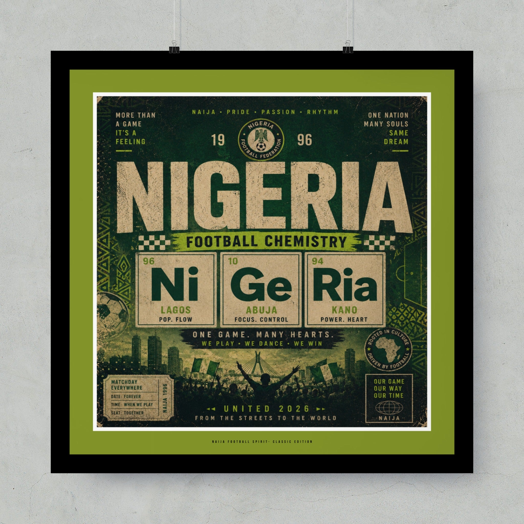 Nigerian football poster with periodic table elements for Lagos, Abuja, Kano.