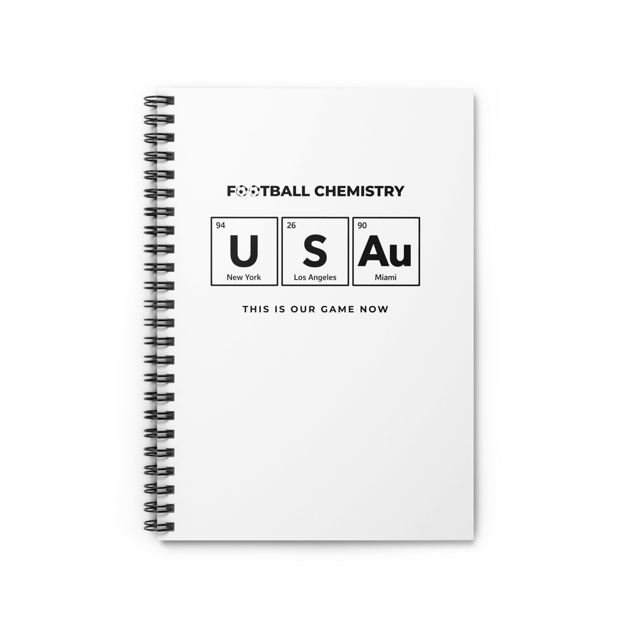 Spiral notebook with periodic table elements spelling USAu and "Football Chemistry".