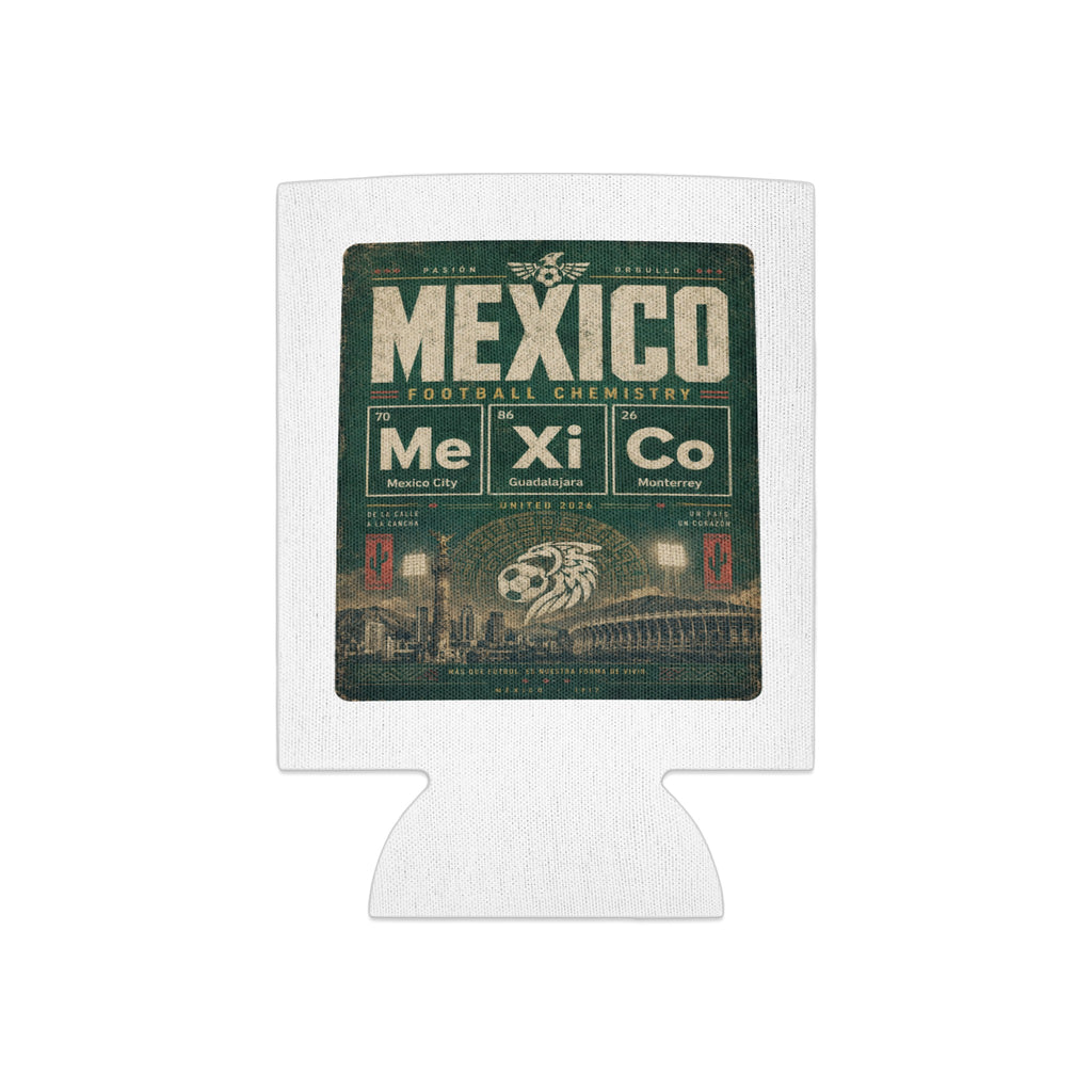 Mexico Football Chemistry beer koozie with city names and United 2026 logo.