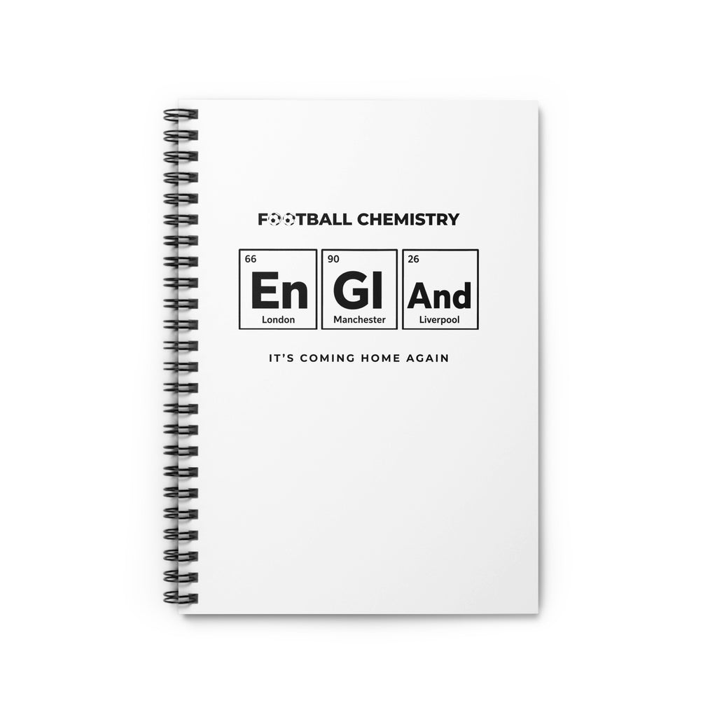 Spiral notebook cover with "Football Chemistry" and England, London, Manchester, Liverpool elements.