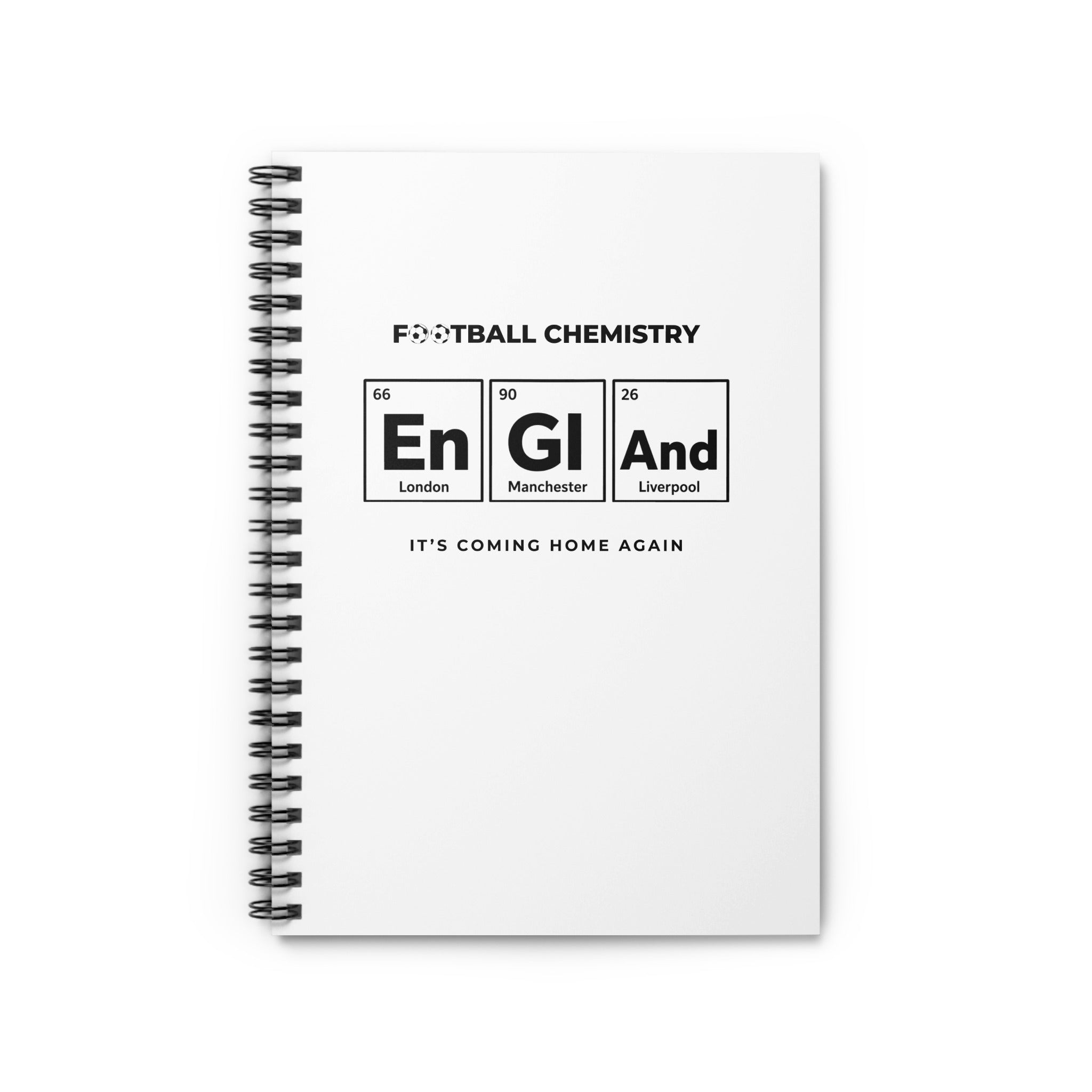 Spiral notebook cover with "Football Chemistry" and England, London, Manchester, Liverpool elements.
