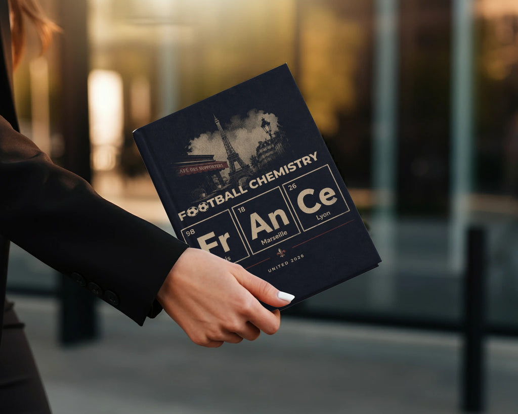 Book cover with "Football Chemistry" and French city names in periodic table style.