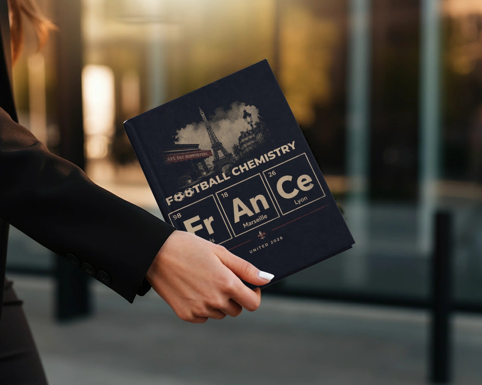 Book cover with "Football Chemistry" and French city names in periodic table style.
