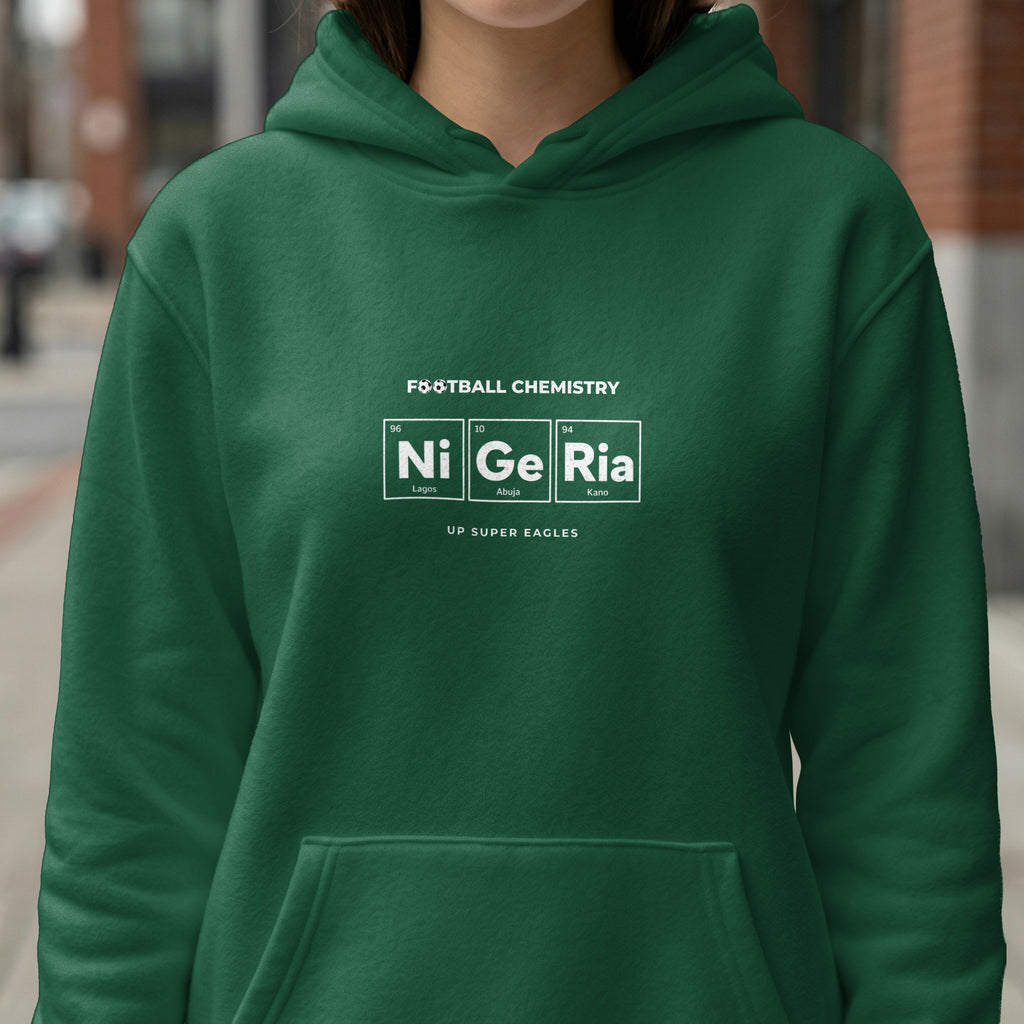 Green hoodie with "FOOTBALL CHEMISTRY" and "Ni Ge Ri A" element symbols.