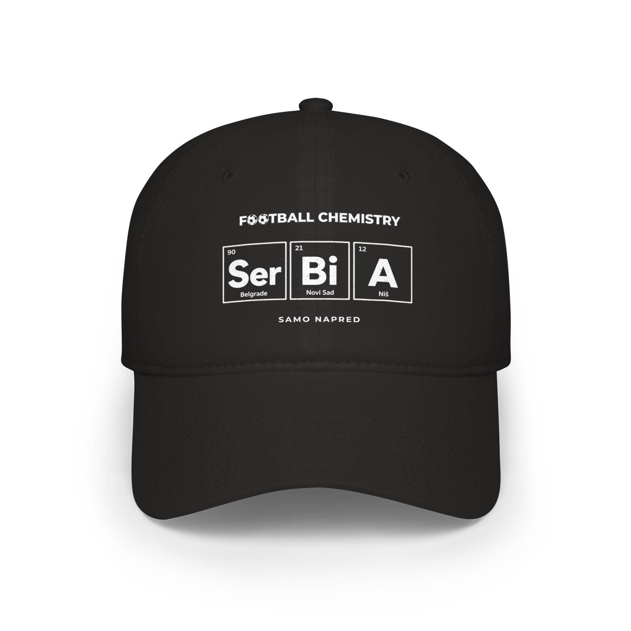 Black baseball cap with "FOOTBALL CHEMISTRY Ser Bi A" design.