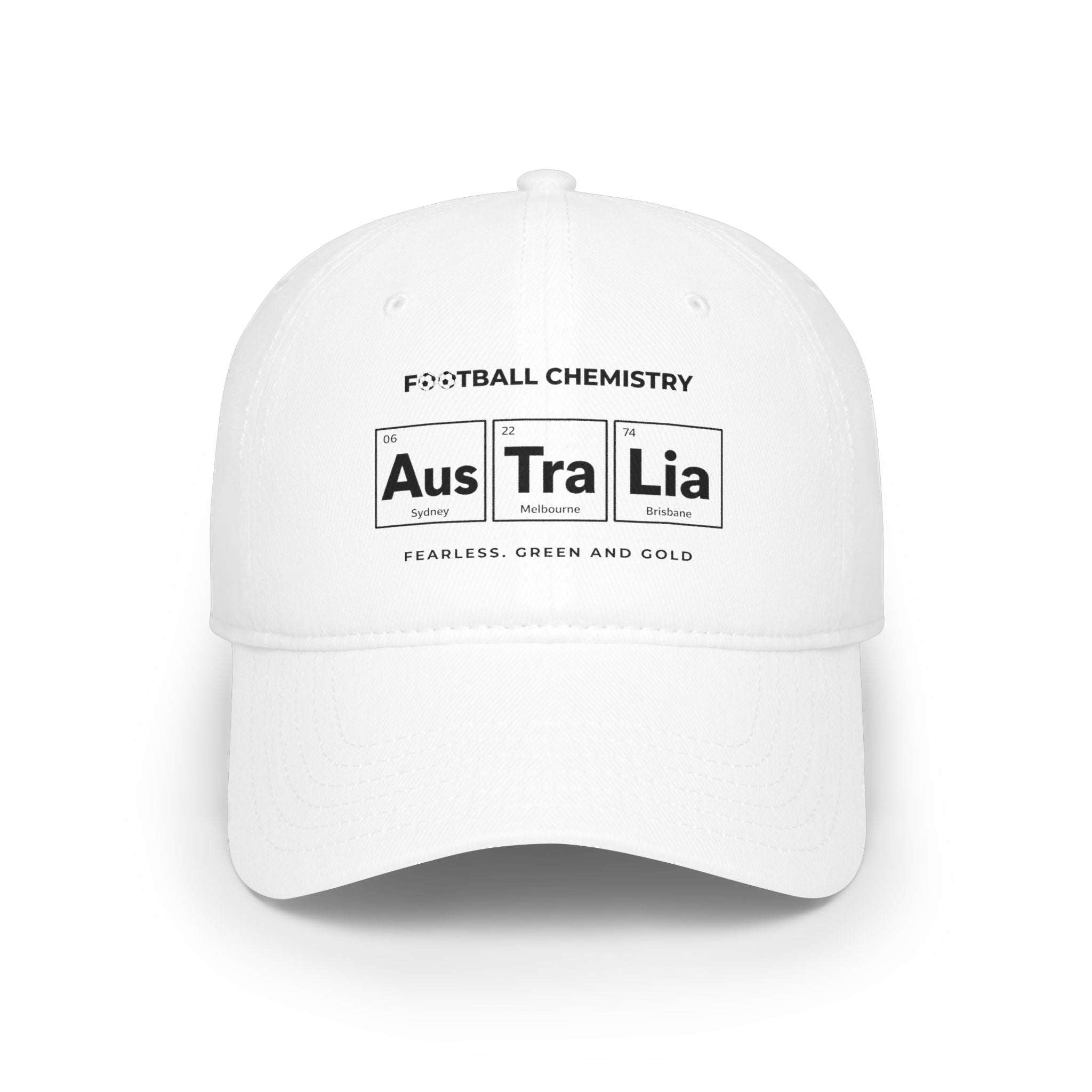 White baseball cap with "Football Chemistry Aus Tra Lia" and city names.