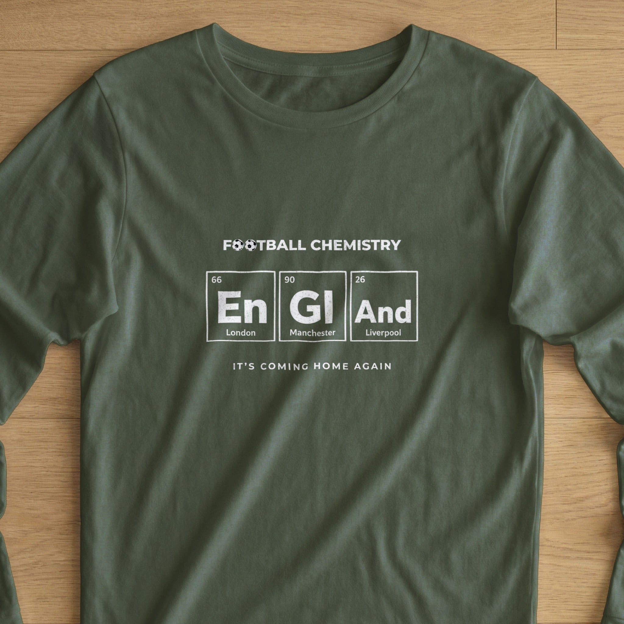 Green t-shirt with "Football Chemistry" and "En GI And" in periodic table style.