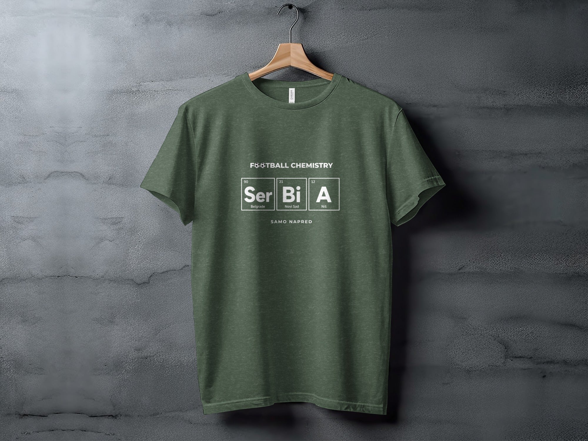 Green t-shirt with "Football Chemistry" periodic table design for Serbia.