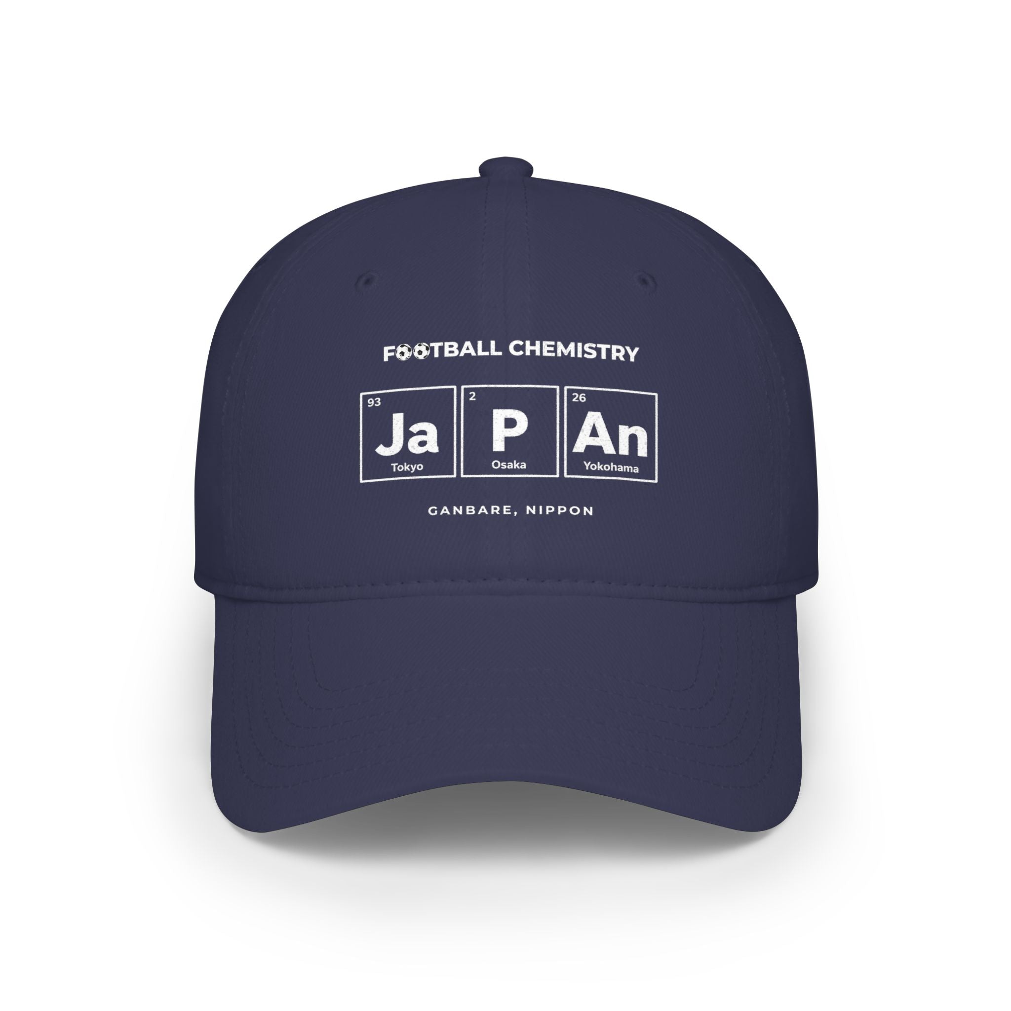 Navy baseball cap with "FOOTBALL CHEMISTRY" and periodic table elements "Ja", "2", "93", "An", "26" and "Osaka", "Tokyo", "Yokohama".