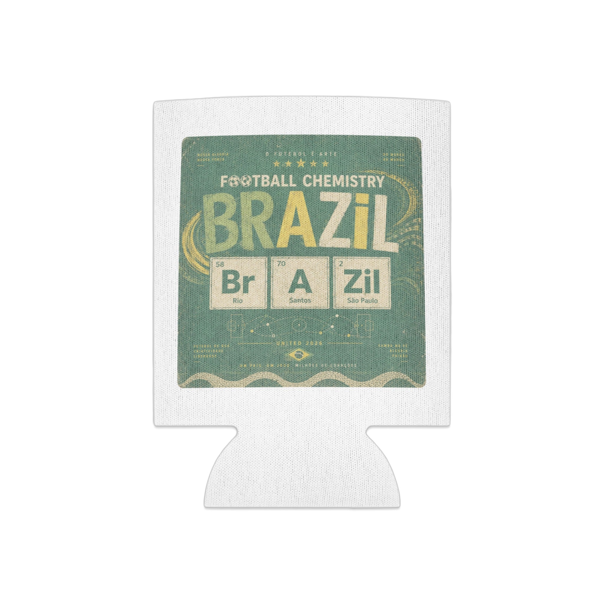 Football Chemistry Brazil can cooler with periodic table elements and city names.