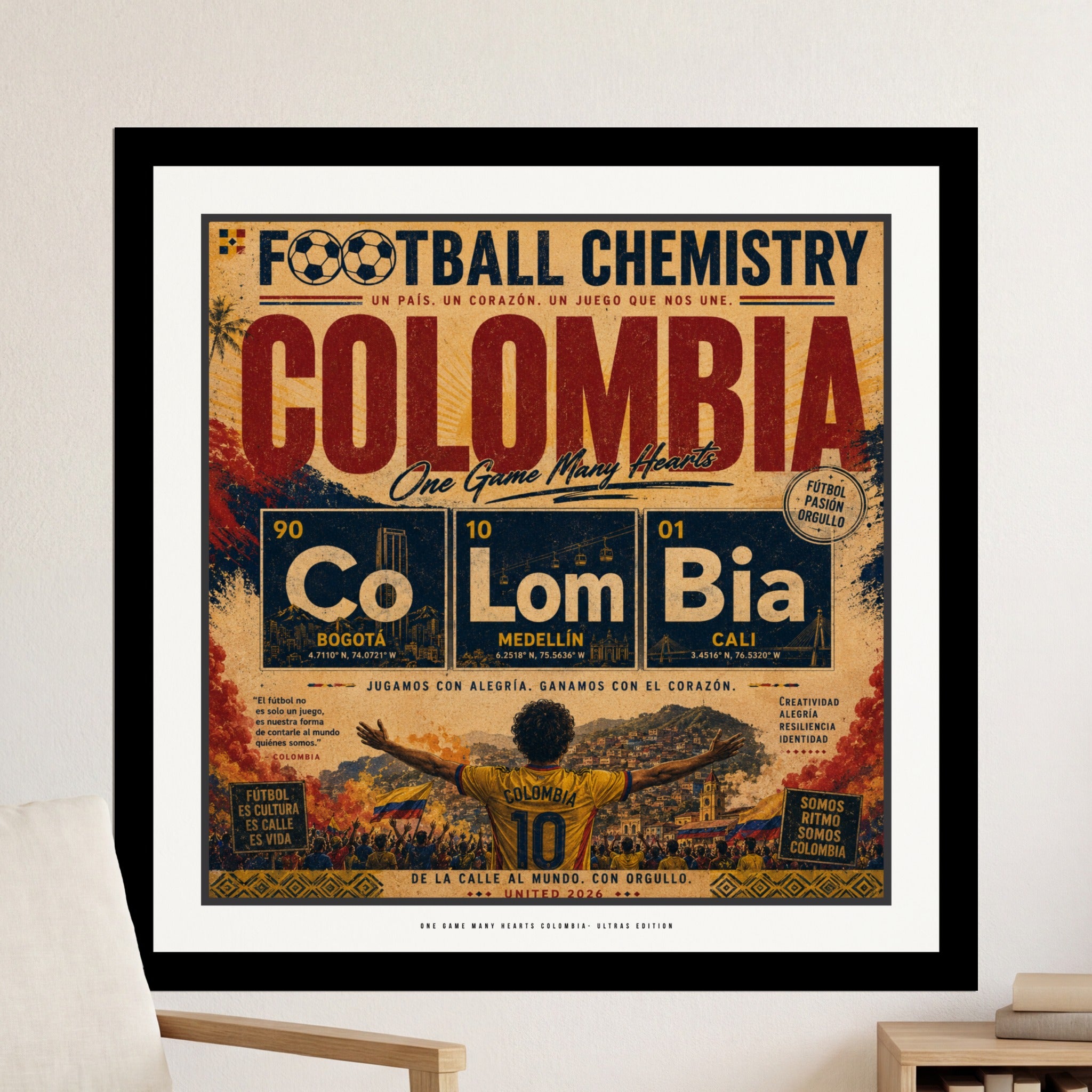 "Colombia football poster with cities, national pride text, and player silhouette."
