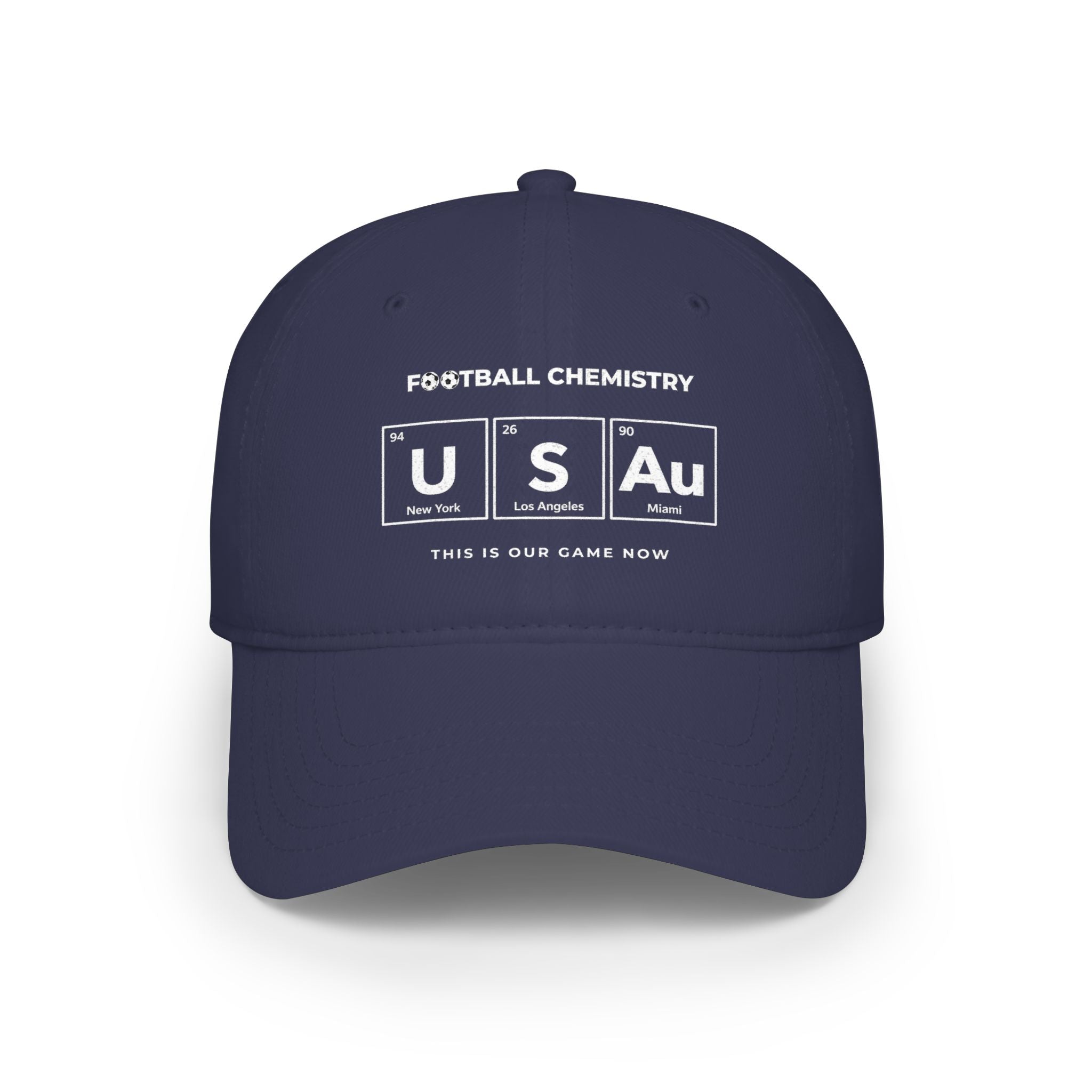 Navy baseball cap with "FOOTBALL CHEMISTRY" and periodic table elements for USA.