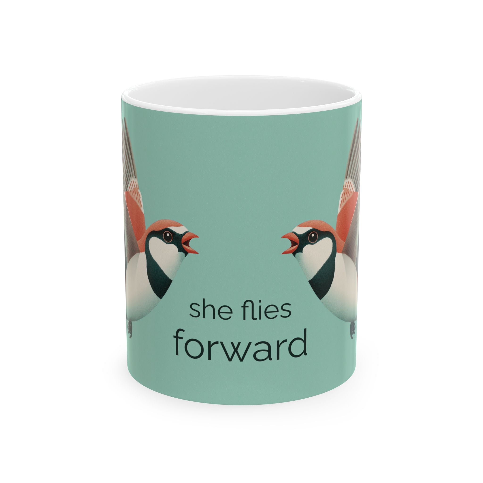 She Flies Forward Ceramic Mug - Inspirational Bird Coffee Cup Mug motivational design