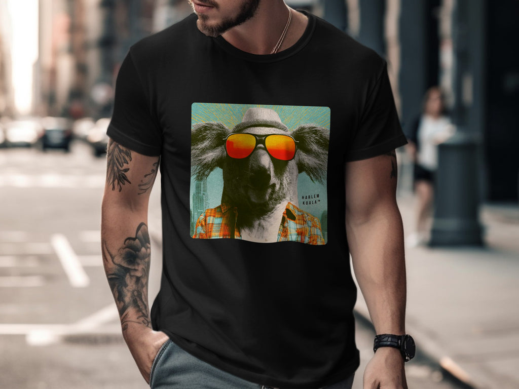 T-shirt with sunglasses-wearing koala graphic and "Harlem Koala" text.