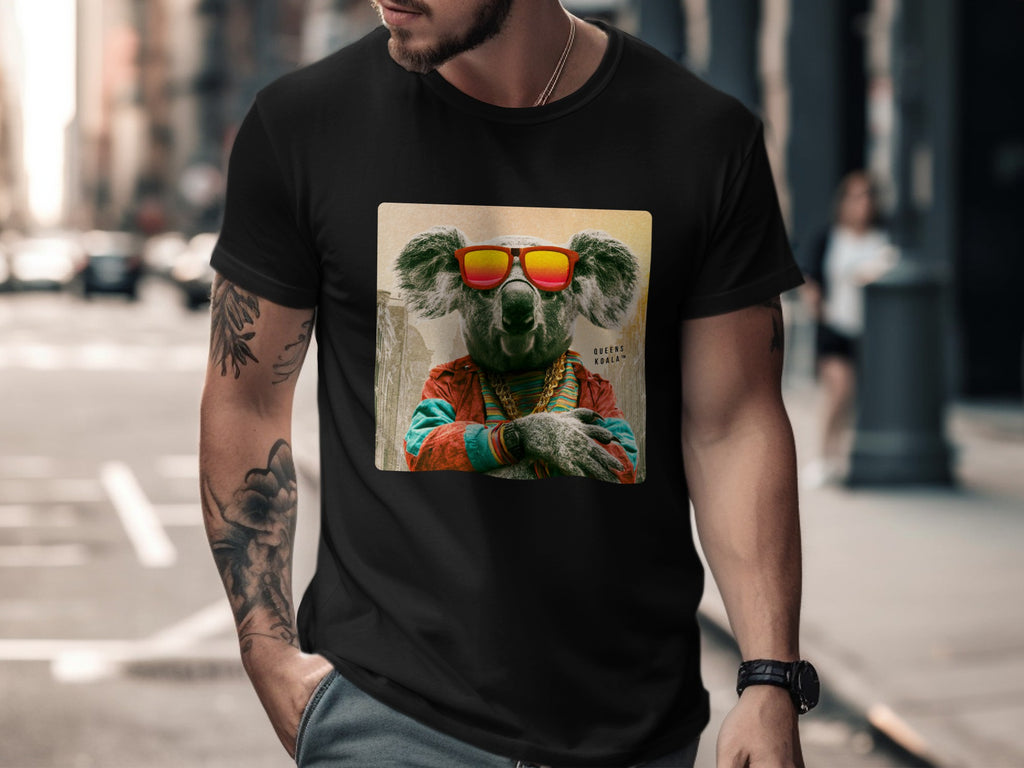 Koala wearing sunglasses and chain on black t-shirt.
