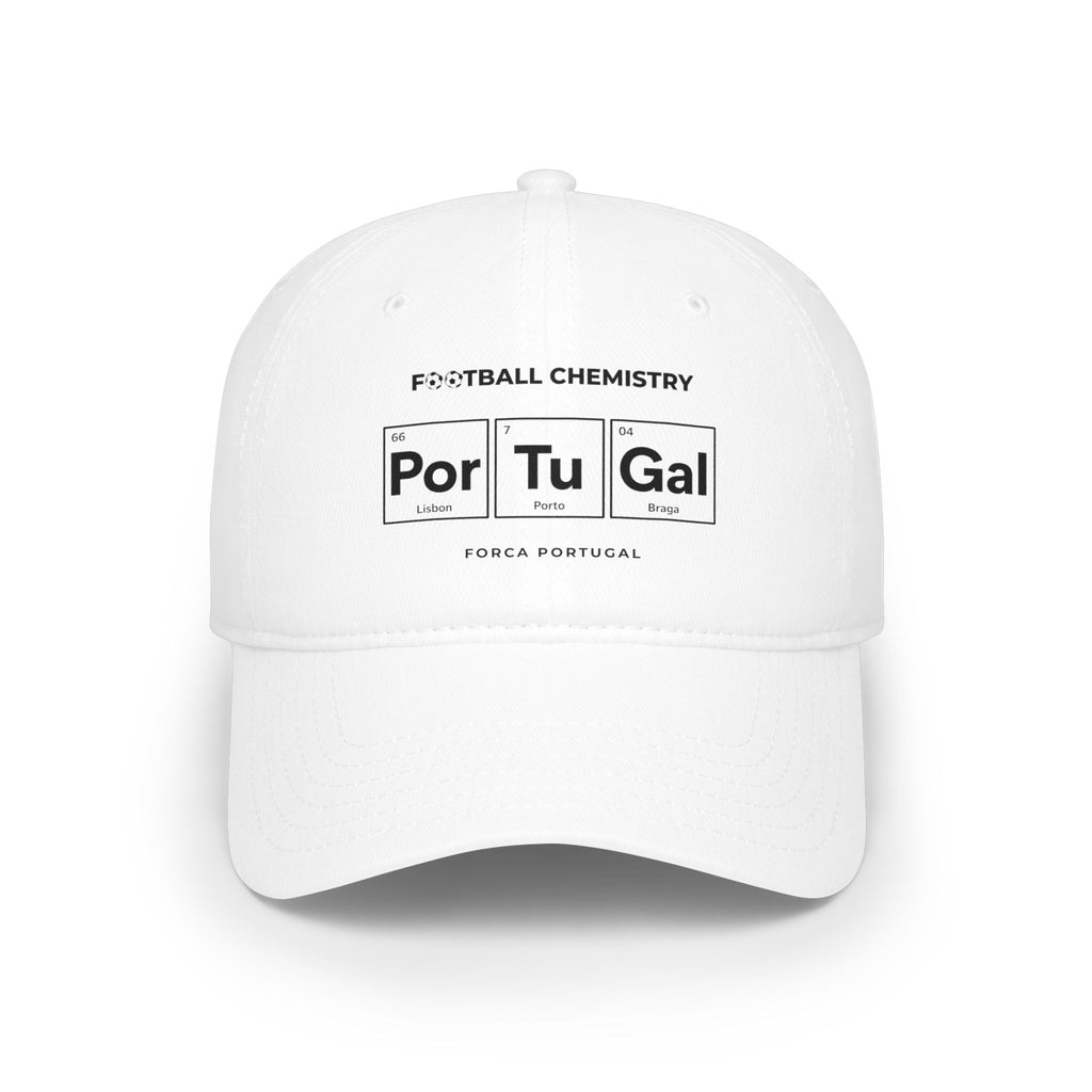White baseball cap with "Football Chemistry" and "Por Tu Gal" elemental symbols.