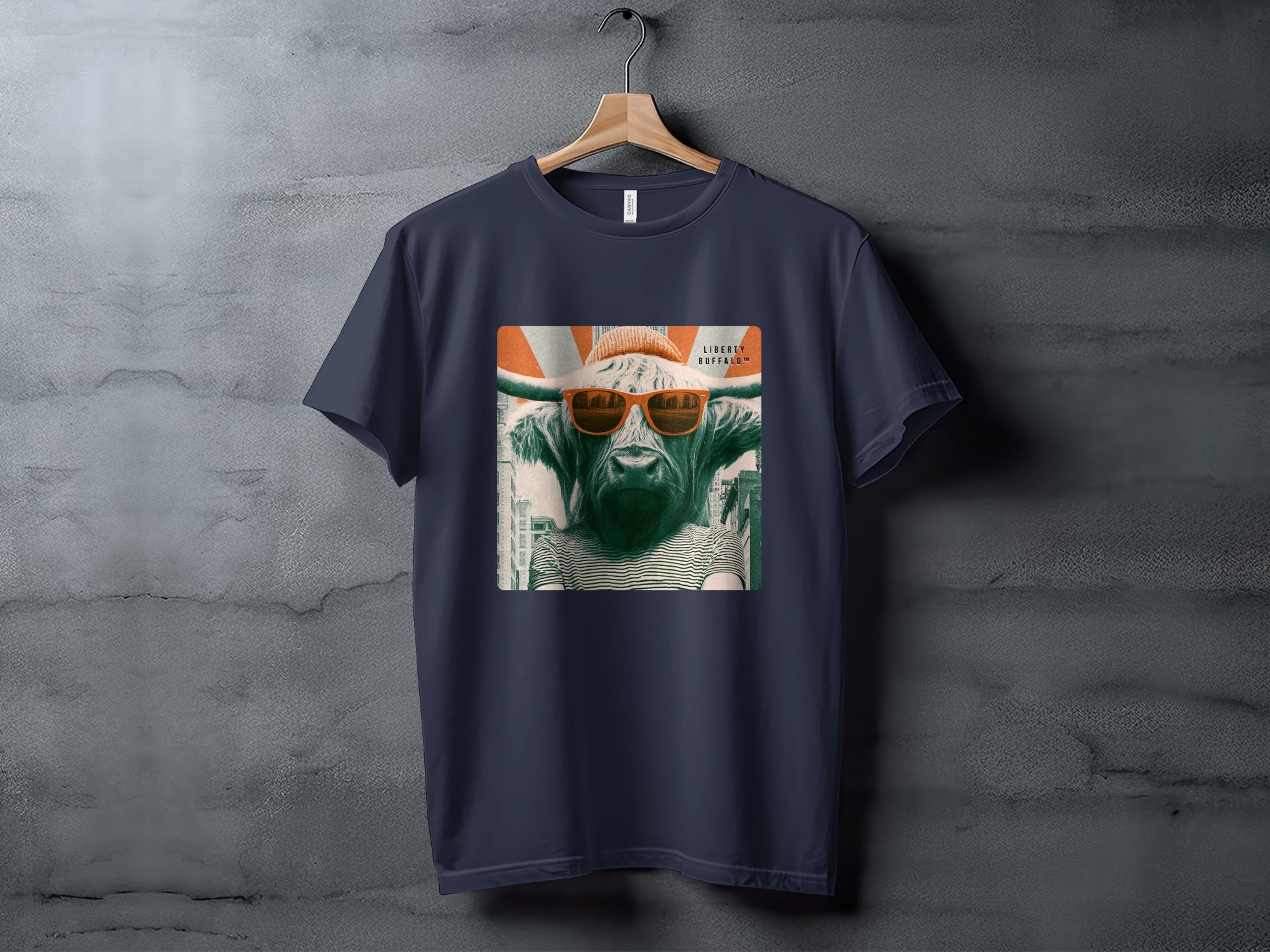 Navy t-shirt featuring a bull wearing sunglasses and a beanie, "Liberty Buffalo" text.