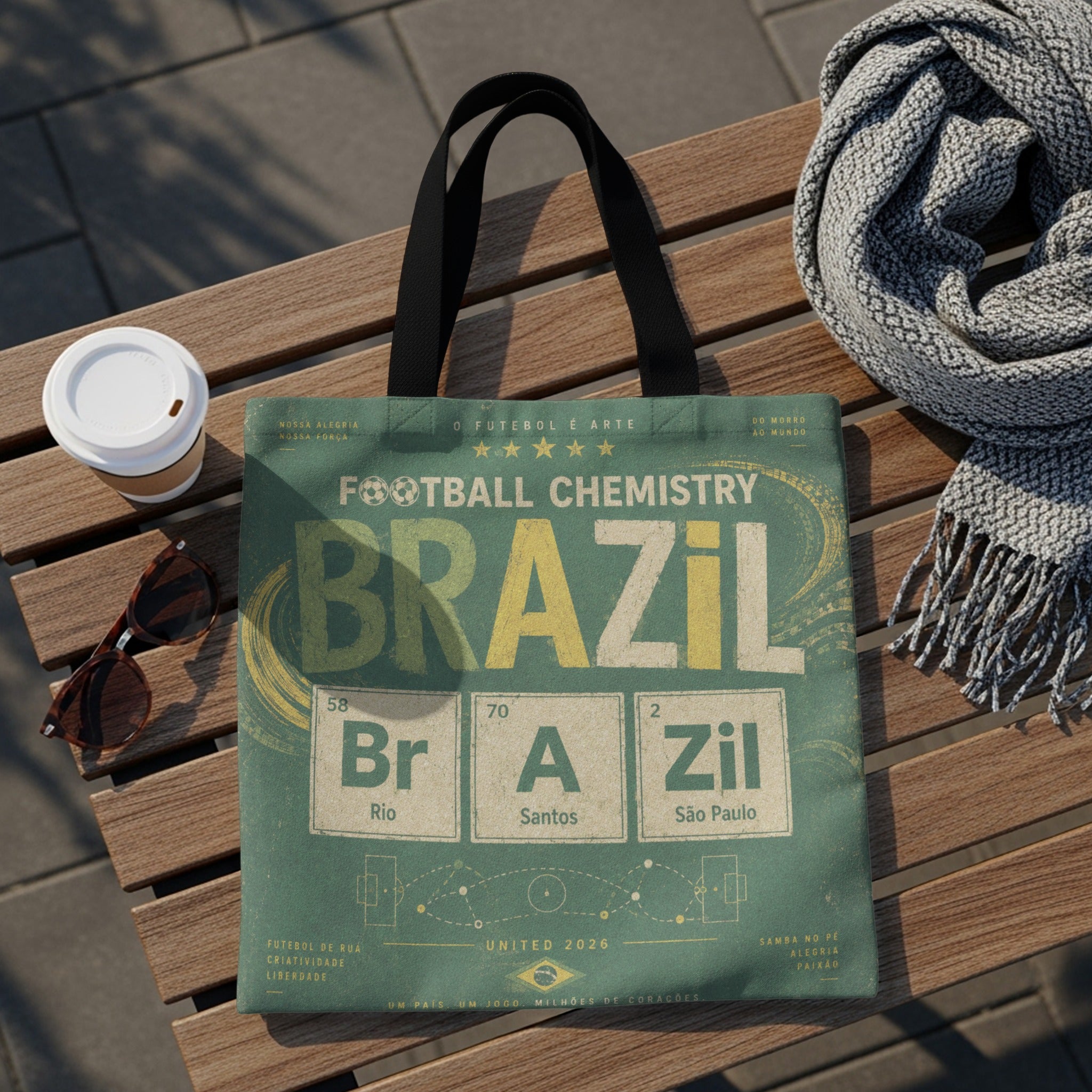 Tote bag with "Brazil" in periodic table style, "United 2026" below.