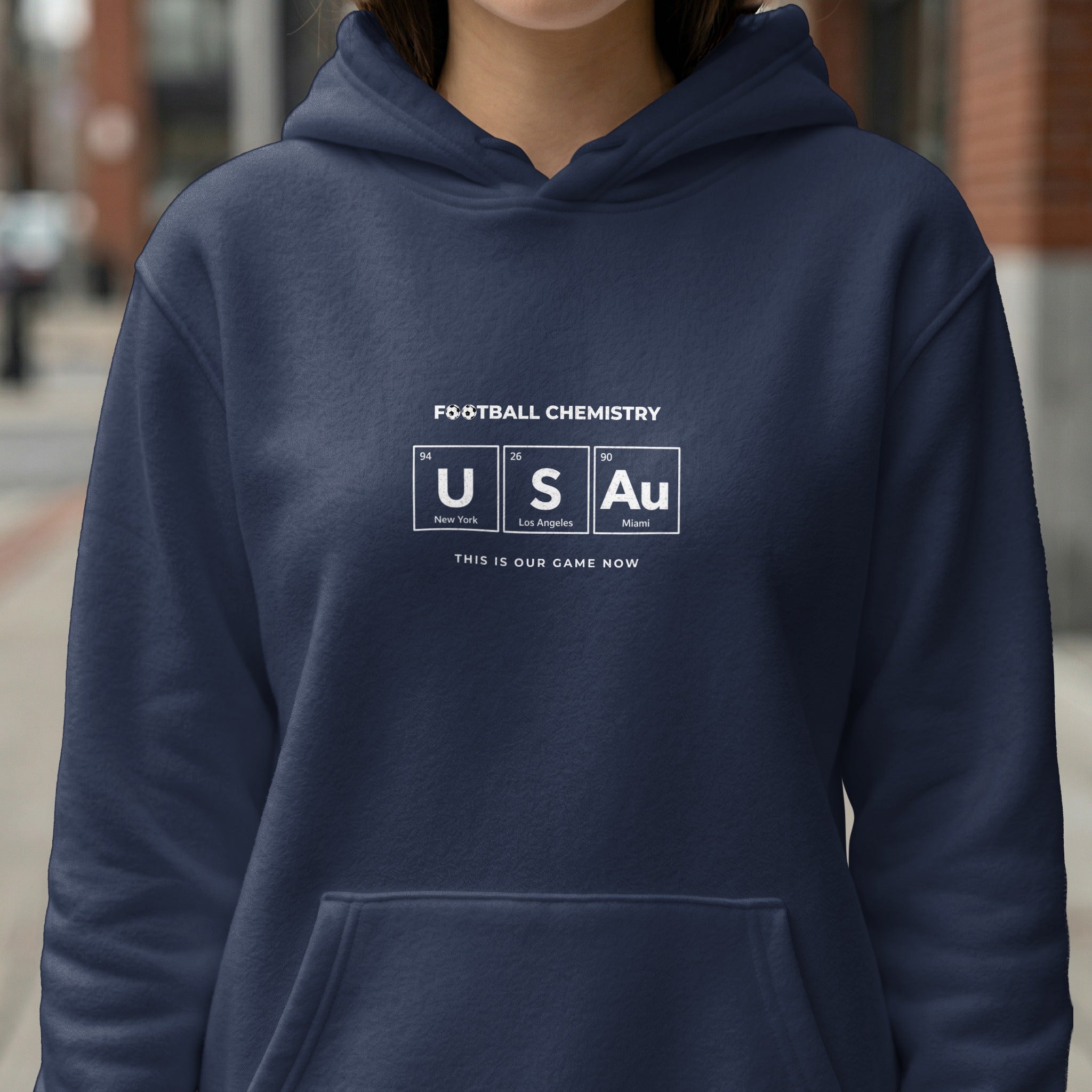 Navy hoodie with "FOOTBALL CHEMISTRY USA Au" and city names.