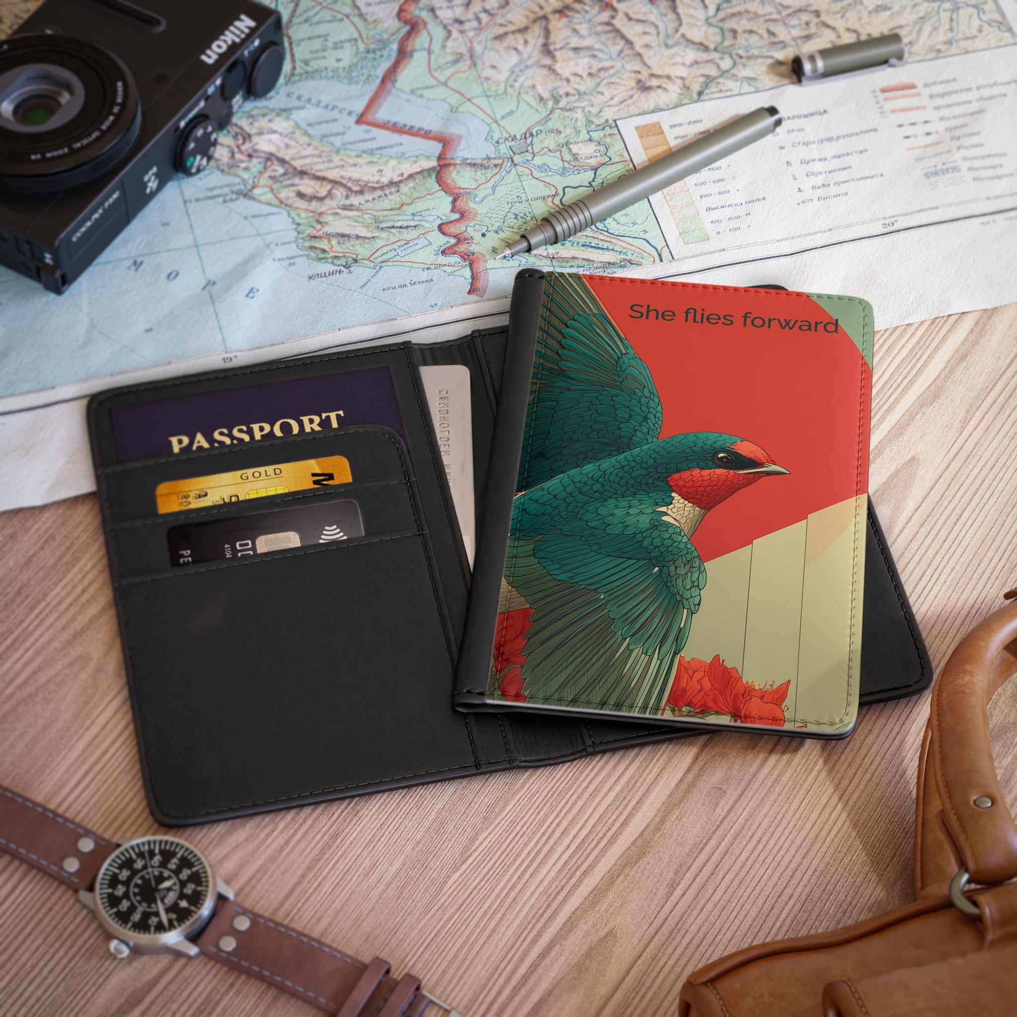 She Flies Forward Passport Holder | Motivational Graphic Forward Flight