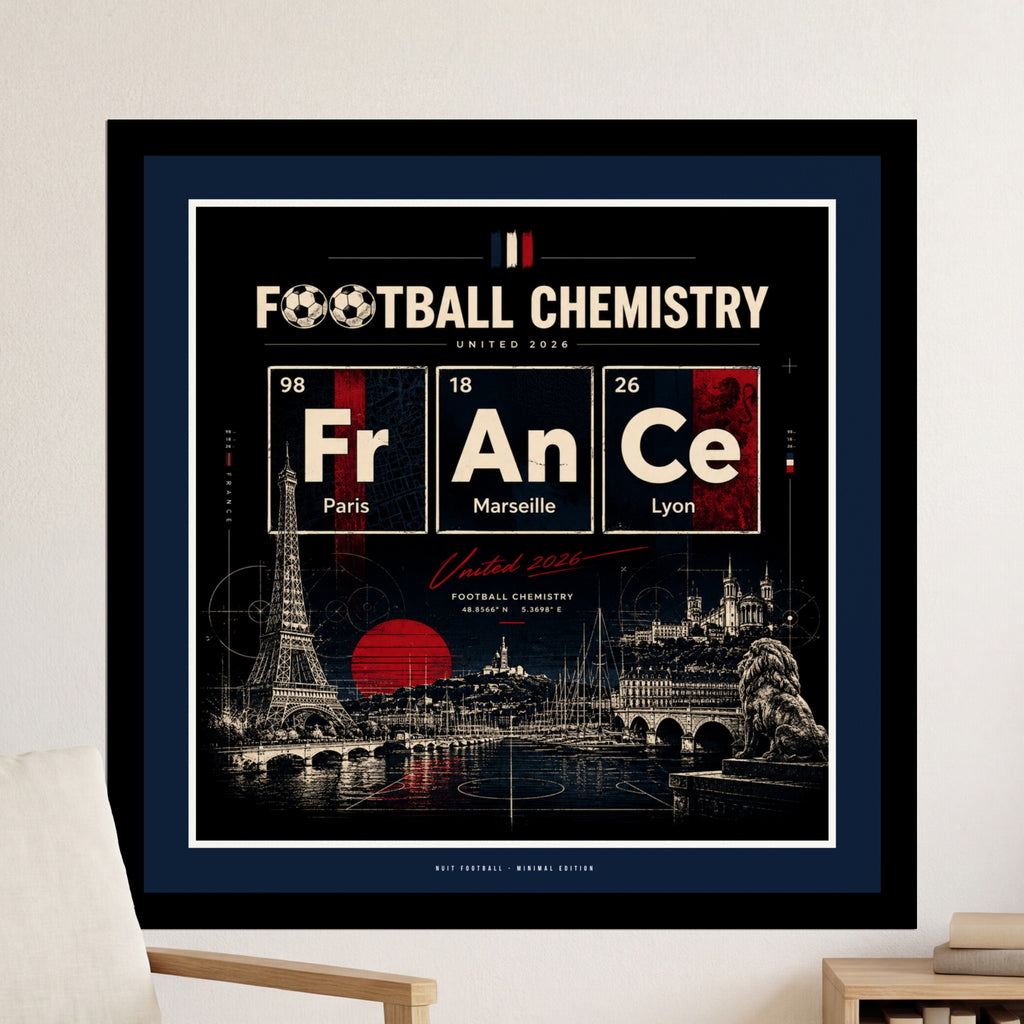 Football Chemistry periodic table featuring France, Paris, Marseille, and Lyon landmarks.