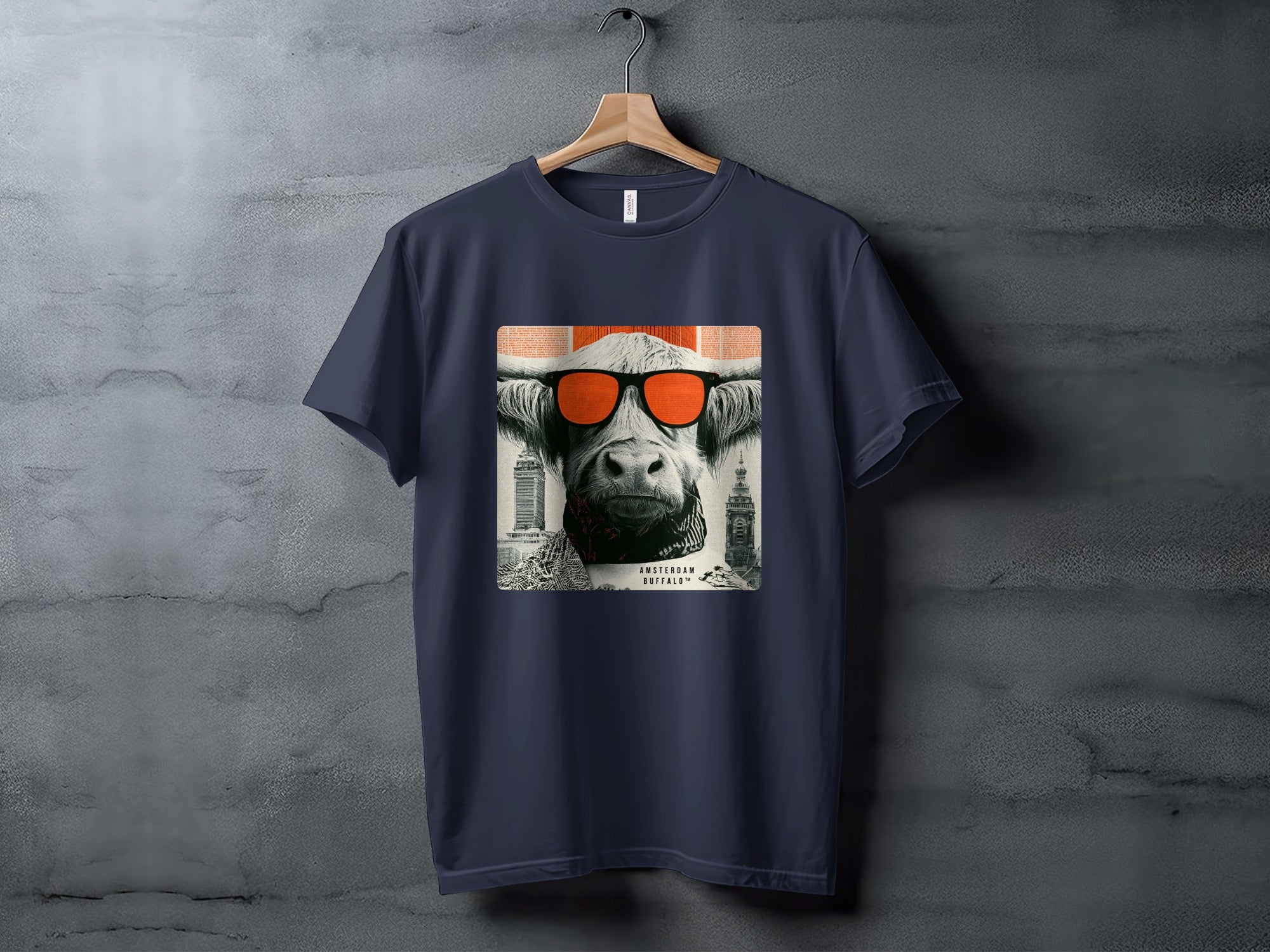 Navy t-shirt with a graphic of a bull wearing sunglasses, featuring Amsterdam buildings.