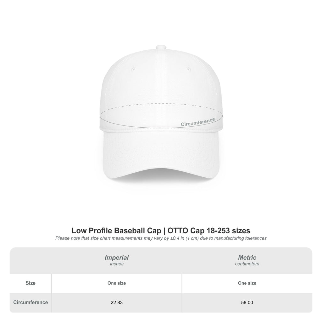 Low profile baseball cap with circumference size chart.
