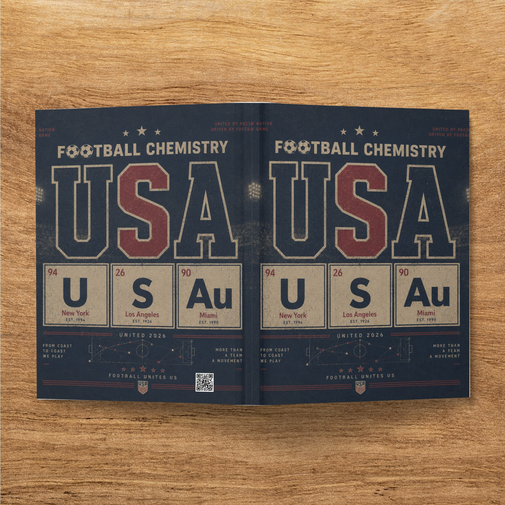 USA USA football chemistry book cover with atomic symbols and city and date details.