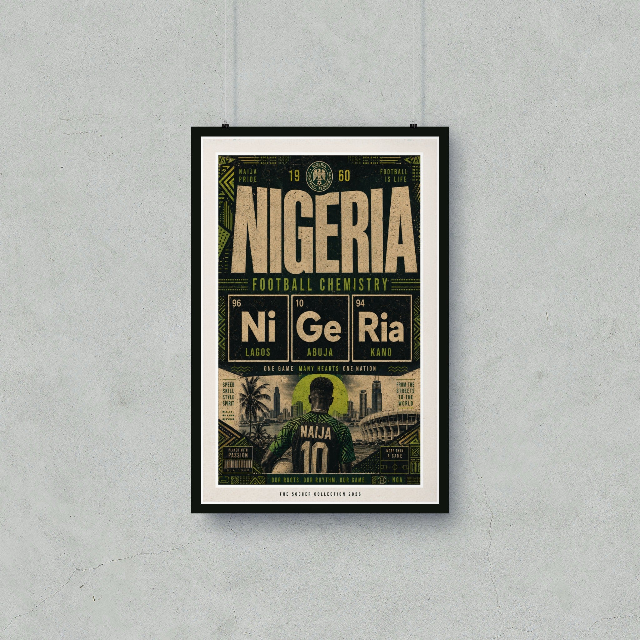 Nigeria Football Chemistry poster with player and national crest.