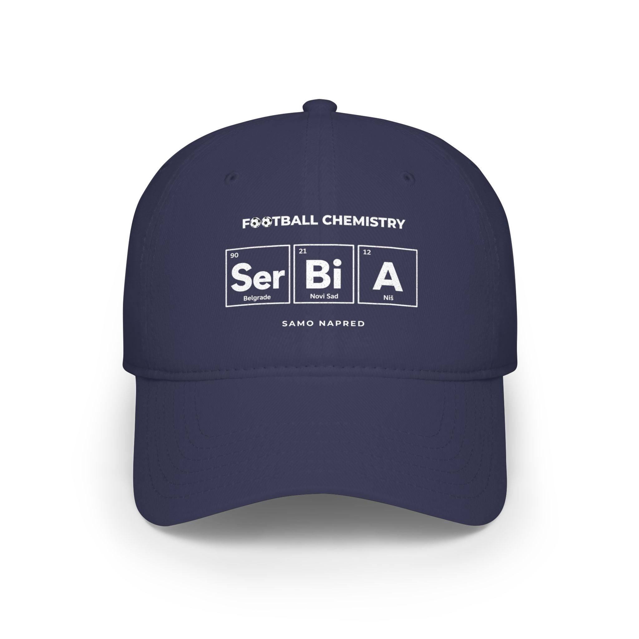 Navy blue baseball cap with "FOOTBALL CHEMISTRY Ser Bi A" and "SAMO NAPRED" text.